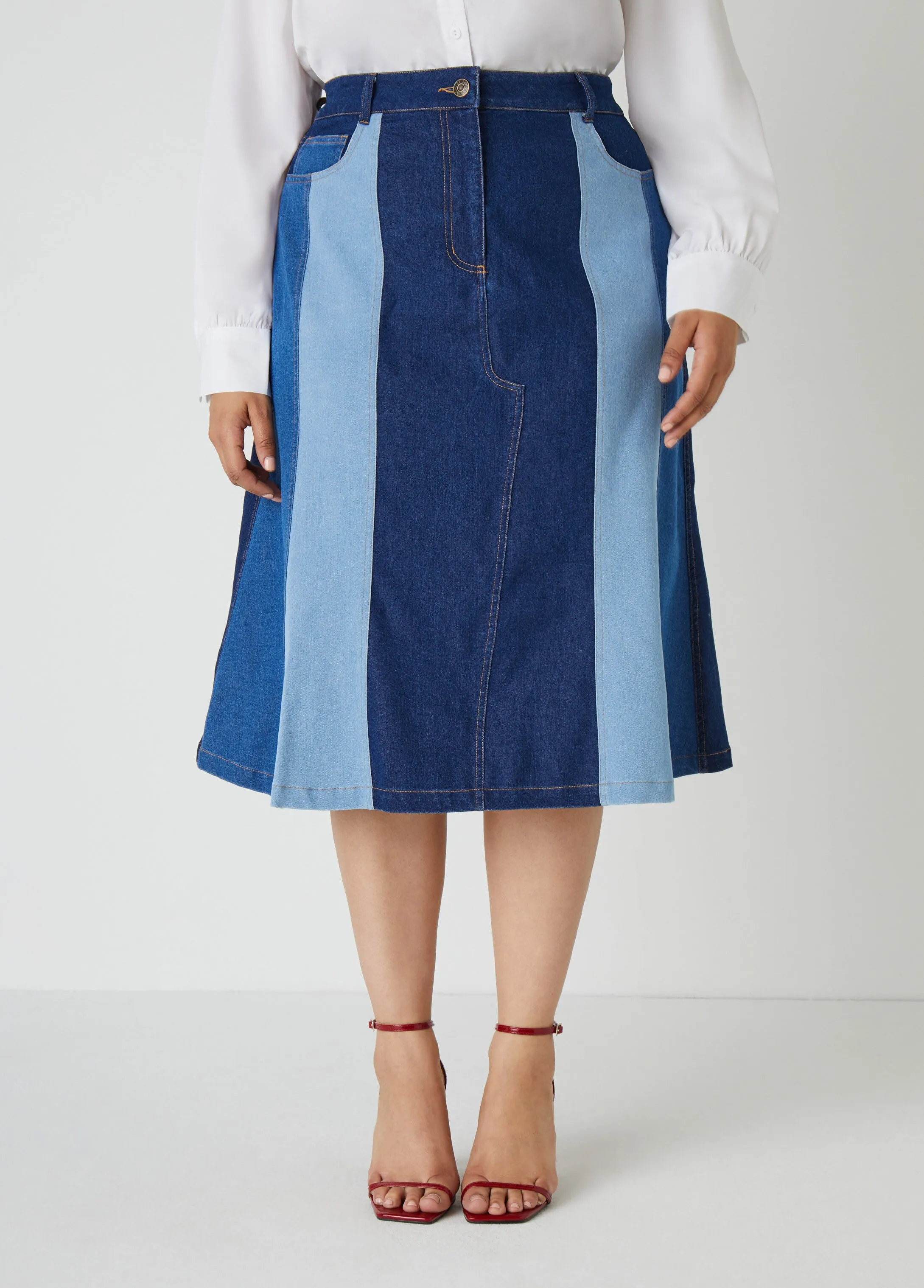 Colorblock A Line Denim Skirt sold by Ashley Stewart