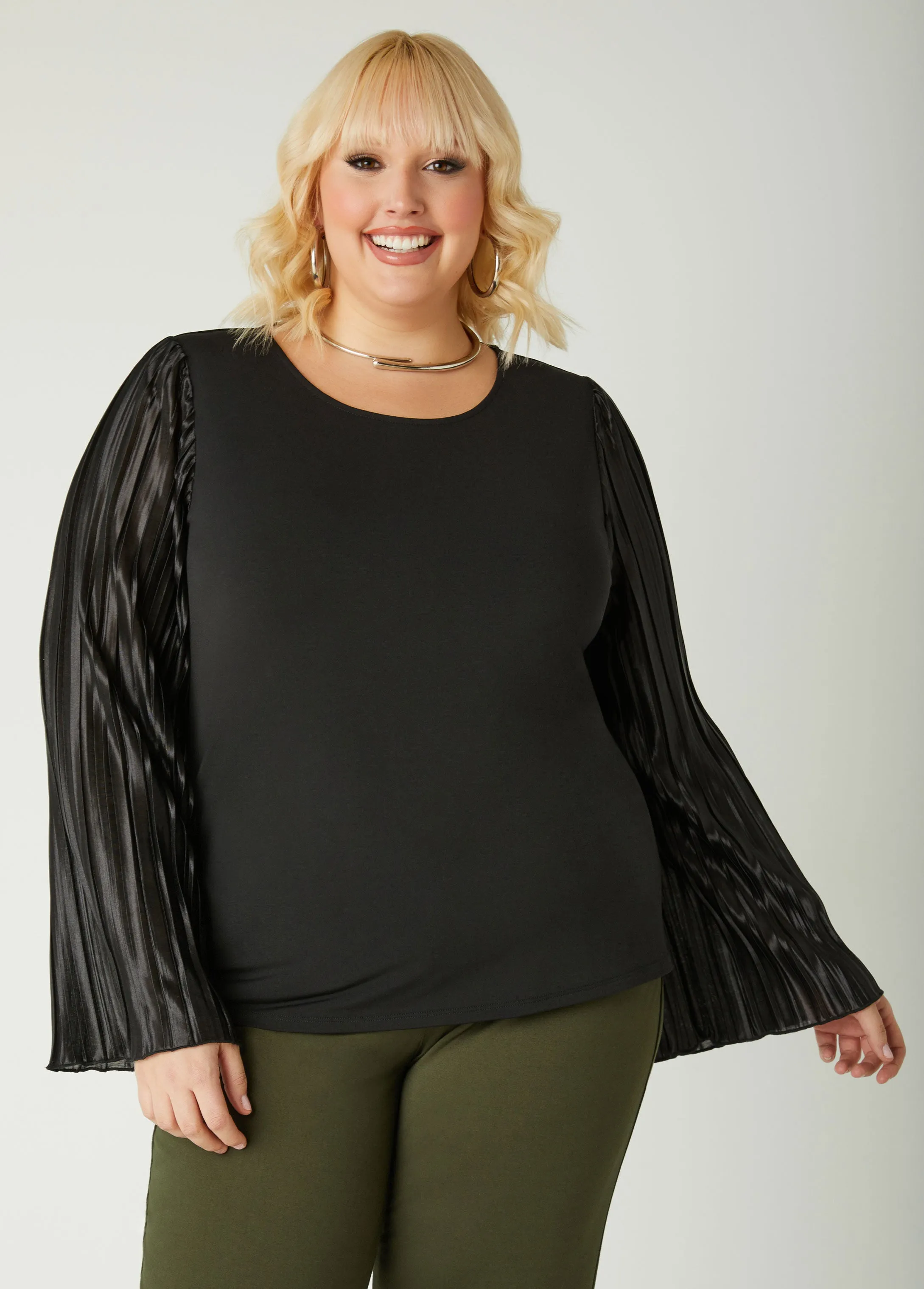 Pleated Satin Paneled Top sold by Ashley Stewart