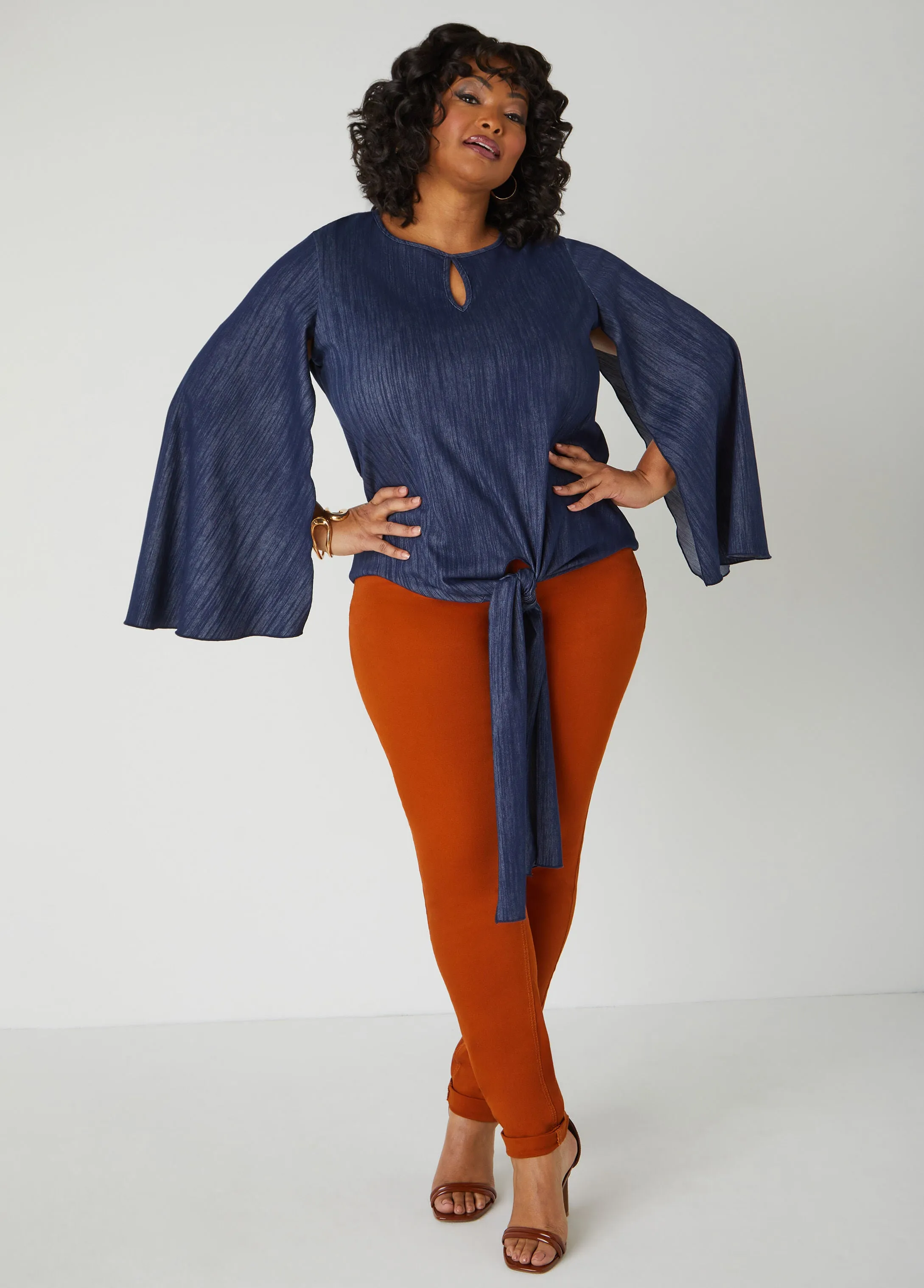Tie Front Textured Denim Top sold by Ashley Stewart product image thumbnail 3