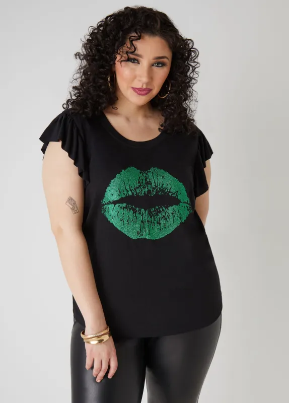 Lips Glittered Graphic Tee sold by Ashley Stewart
