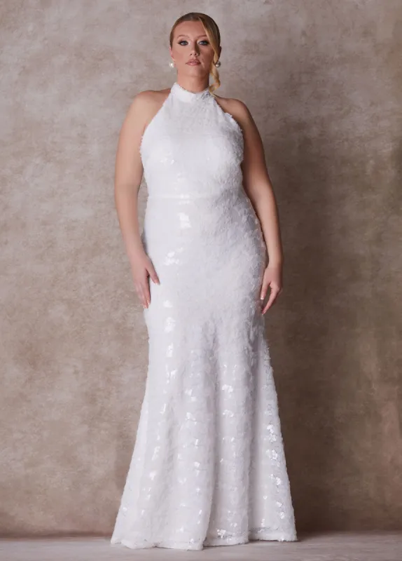 The Chloe Halter Wedding Gown sold by Ashley Stewart