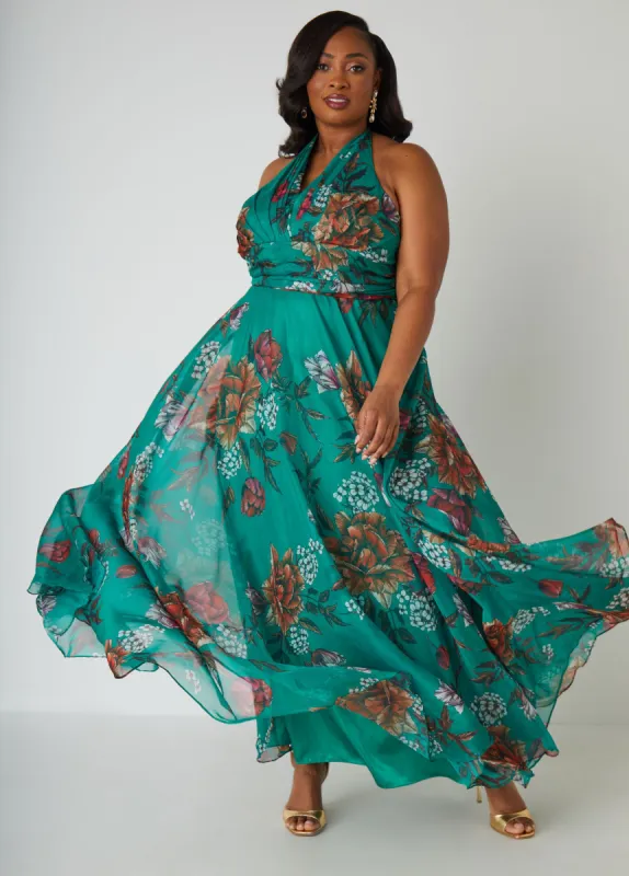 Floral Print Organza Halter Gown sold by Ashley Stewart