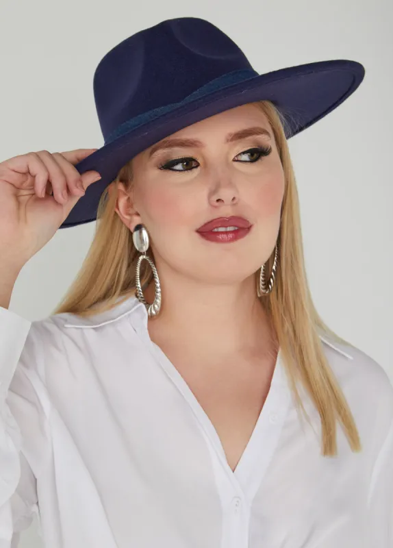 Denim Trimmed Felt Fedora sold by Ashley Stewart