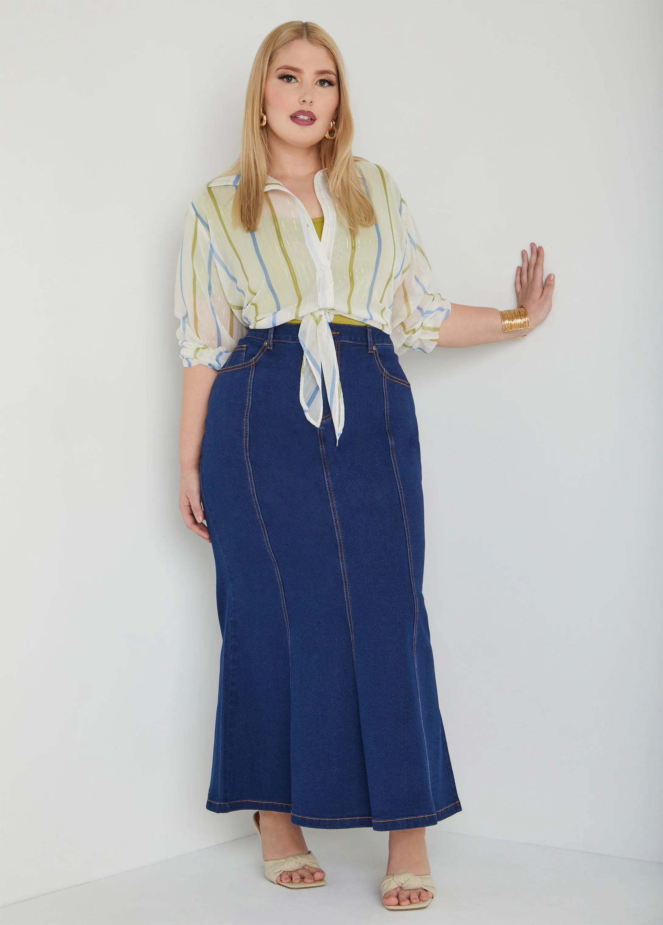 Mermaid Stretch Denim Maxi Skirt sold by Ashley Stewart