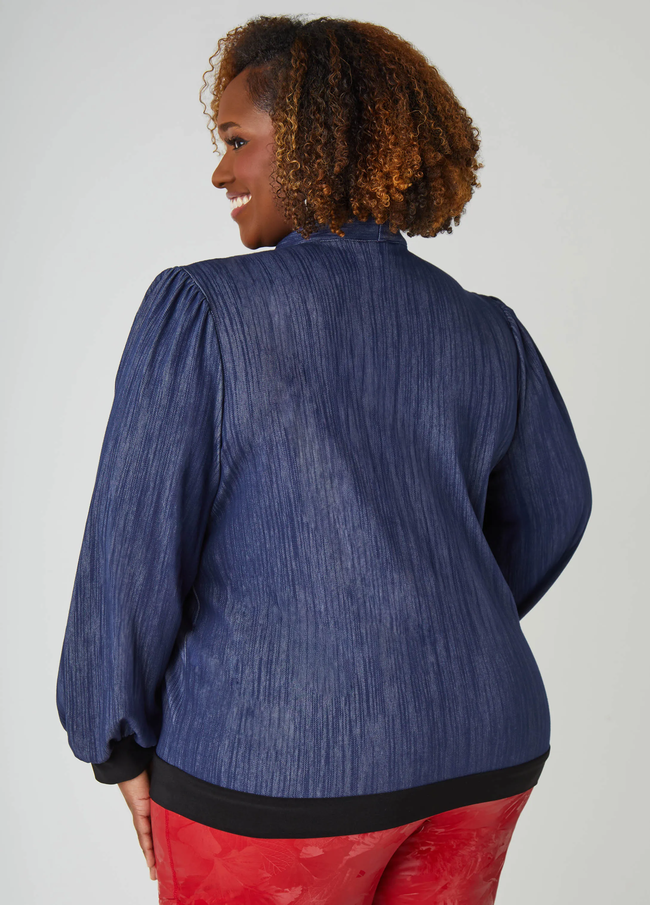 Tie Neck Textured Denim Top sold by Ashley Stewart product image thumbnail 2