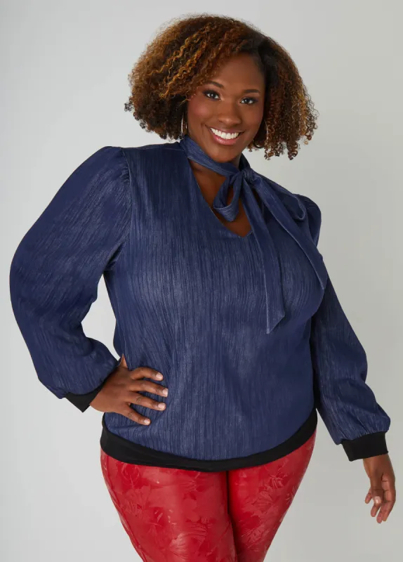 Tie Neck Textured Denim Top sold by Ashley Stewart