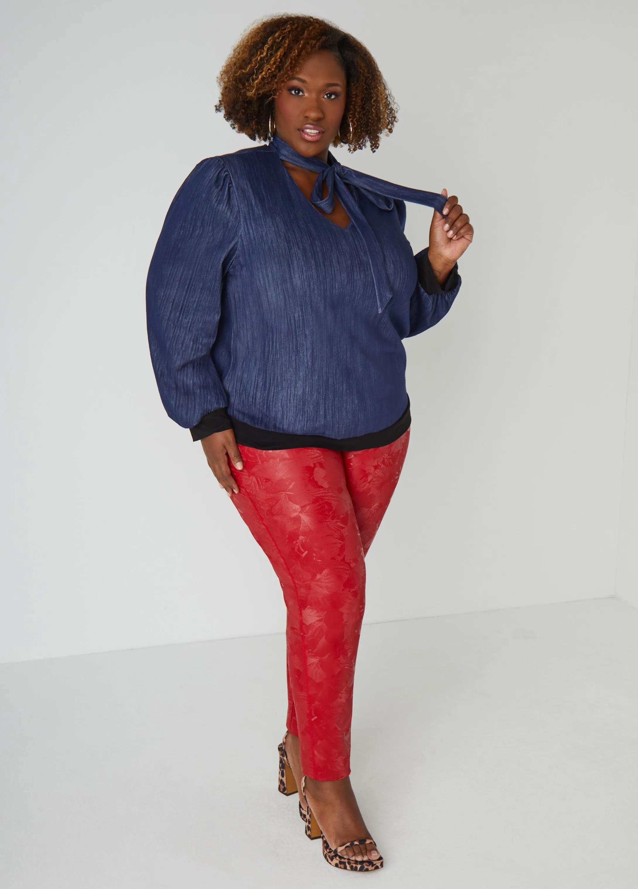 Tie Neck Textured Denim Top sold by Ashley Stewart product image thumbnail 3