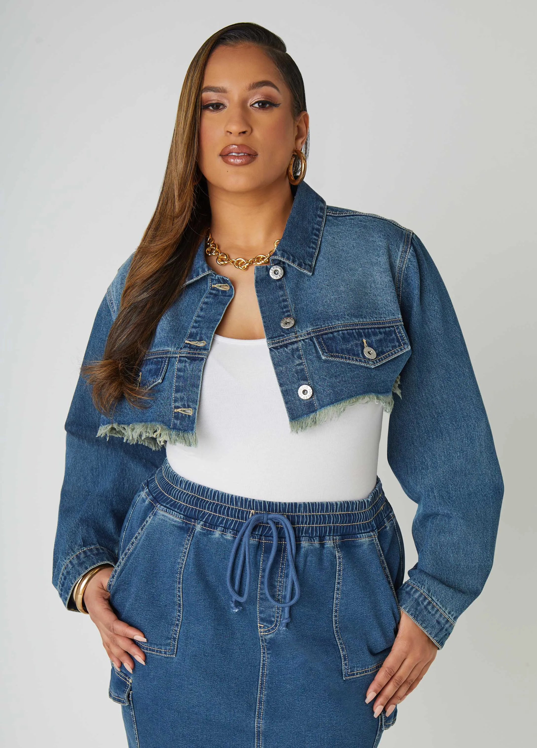 Cropped Fray Trimmed Denim Jacket sold by Ashley Stewart