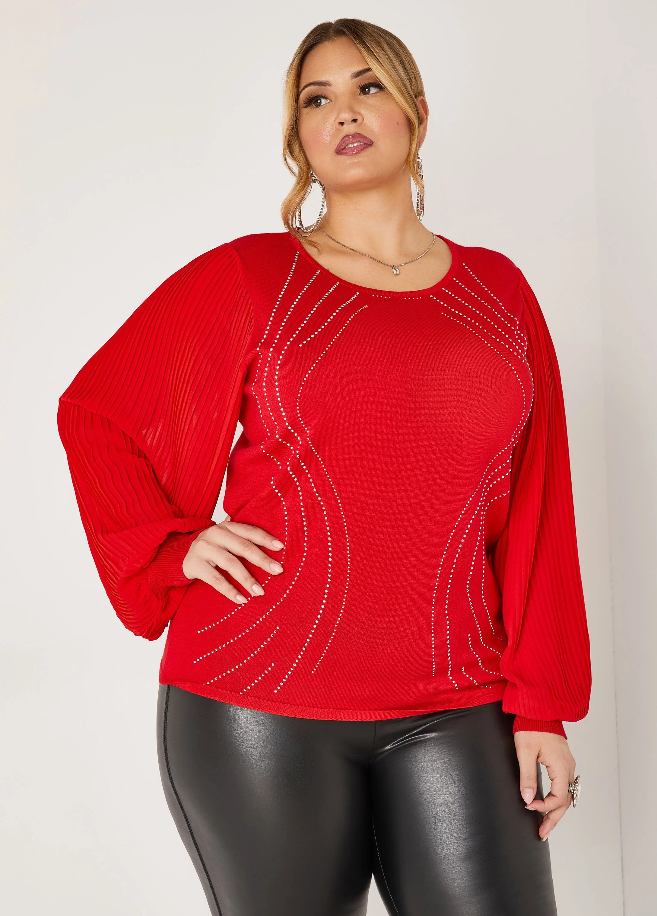 Pleated Sleeve Crystal Sweater sold by Ashley Stewart