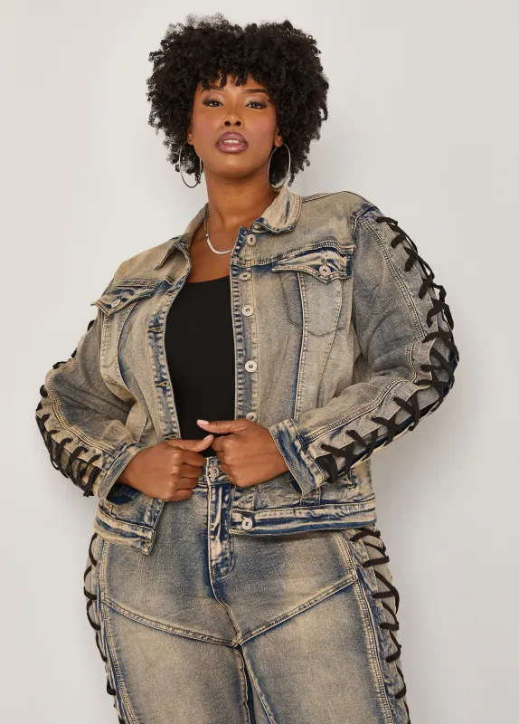 Lace Up Denim Detailed Jacket sold by Ashley Stewart
