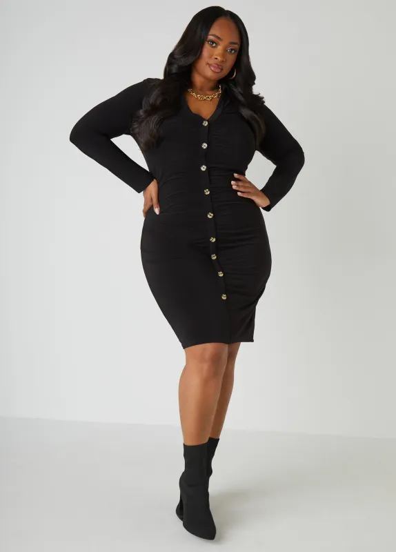 Ruched Stretch Knit Shirtdress sold by Ashley Stewart