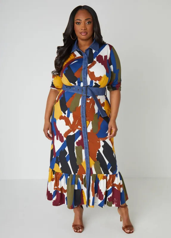 Denim Trimmed Printed Maxi Dress sold by Ashley Stewart
