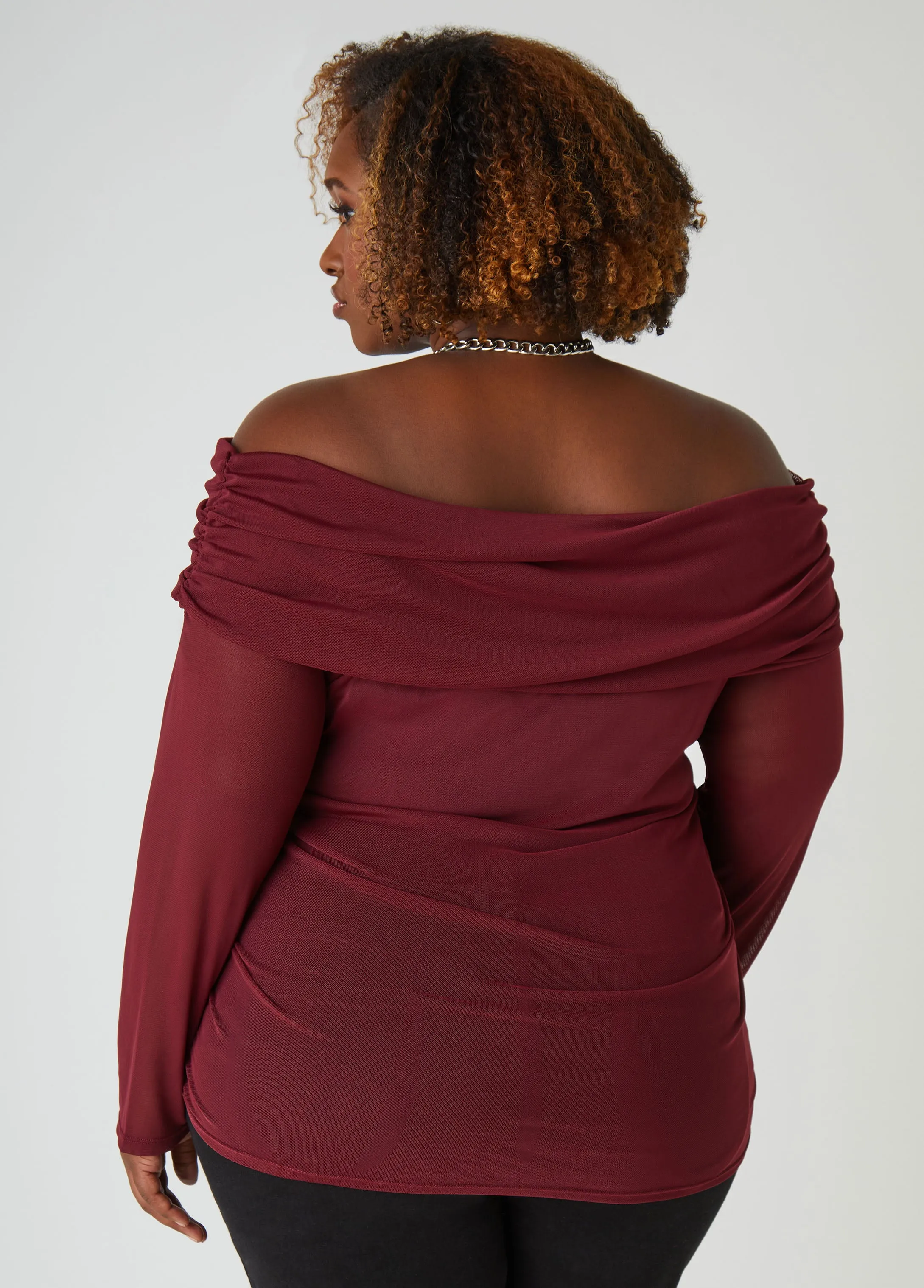 Off The Shoulder Ruched Mesh Top sold by Ashley Stewart product image thumbnail 2