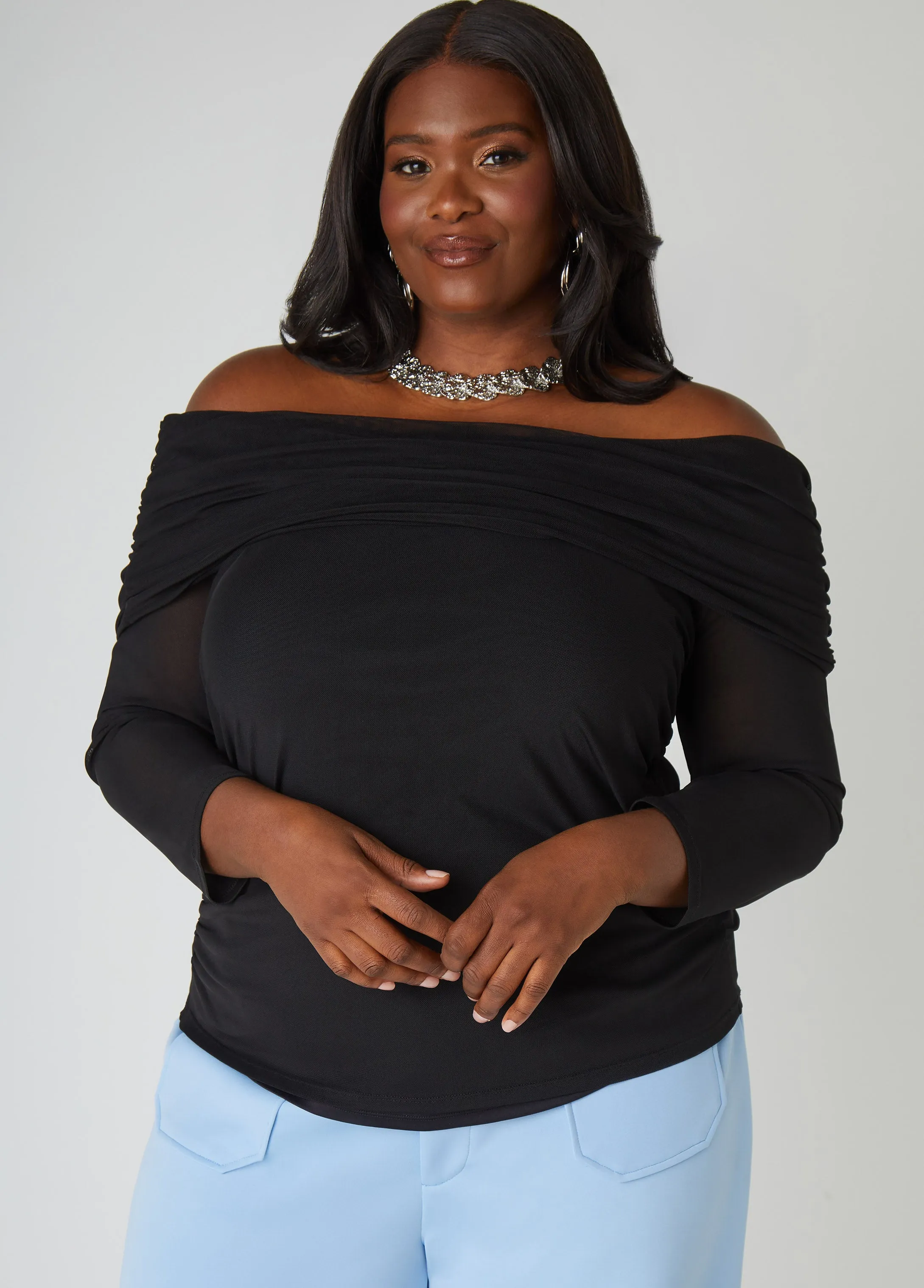 Off The Shoulder Ruched Mesh Top sold by Ashley Stewart product image thumbnail 4