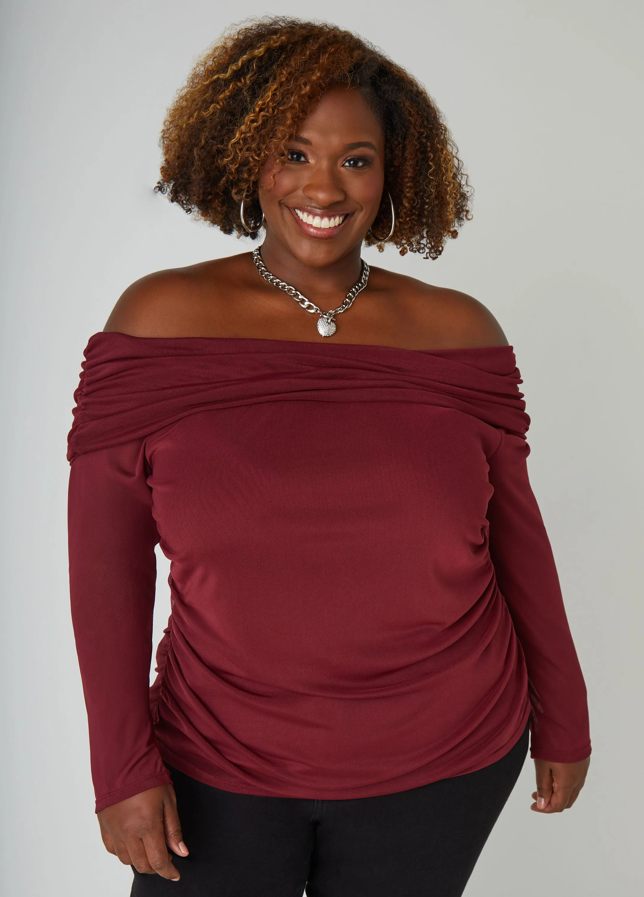 Off The Shoulder Ruched Mesh Top sold by Ashley Stewart