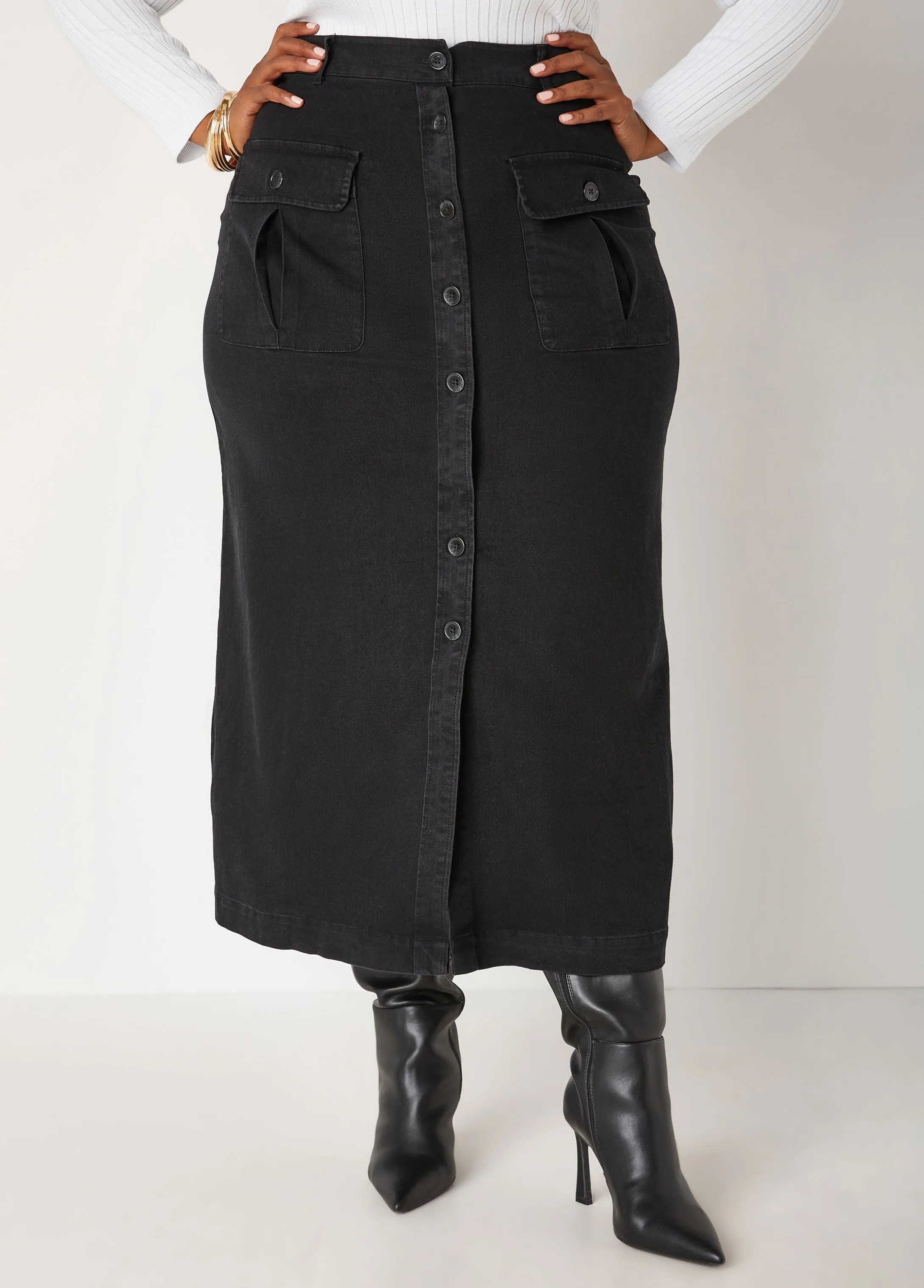 Stretch Denim Cargo Maxi Skirt sold by Ashley Stewart