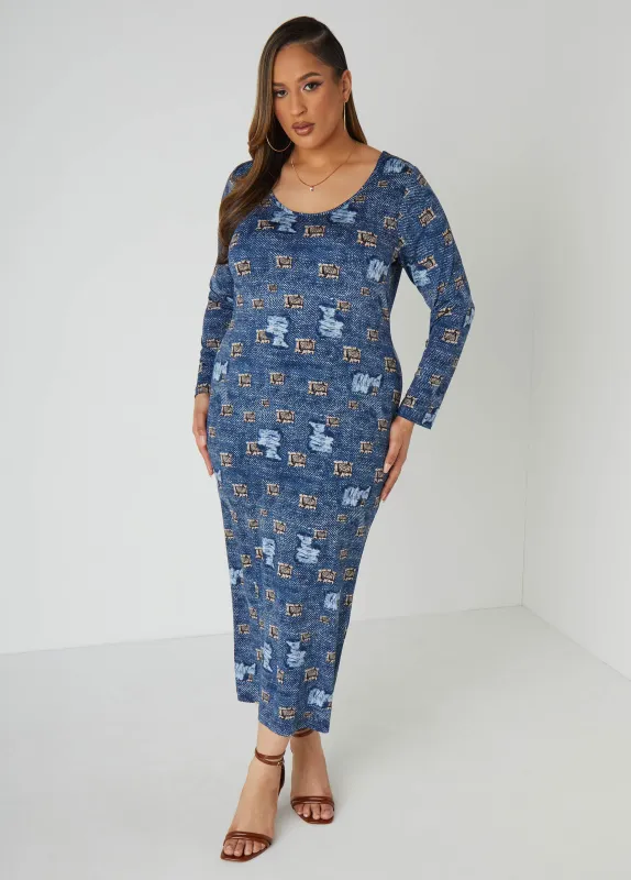 Distressed Denim Print Dress sold by Ashley Stewart