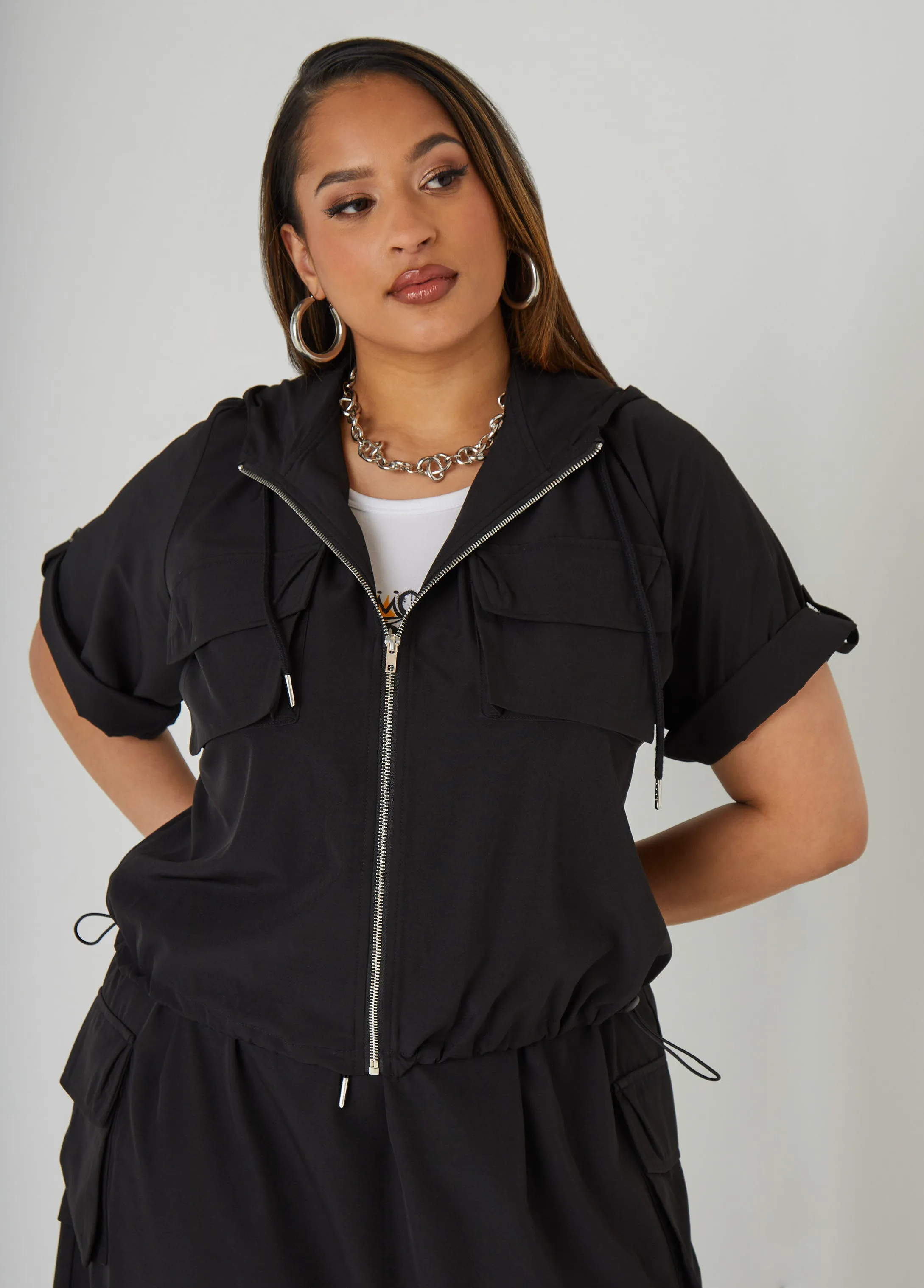 Hooded Drawstring Cargo Jacket sold by Ashley Stewart
