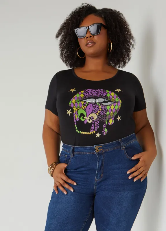 Mardi Gras Glittered Graphic Tee sold by Ashley Stewart