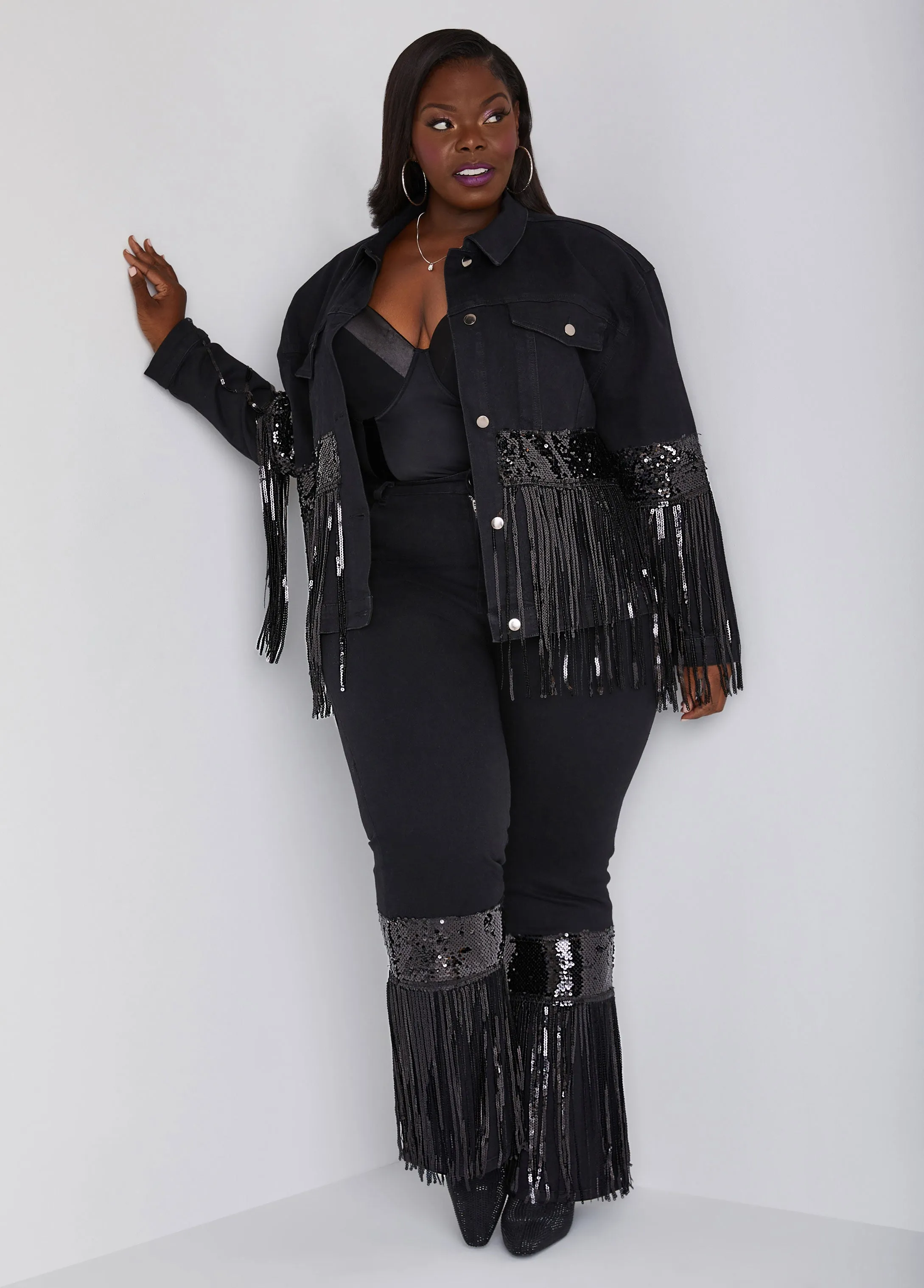 Fringed Sequined Denim Jacket sold by Ashley Stewart product image thumbnail 3