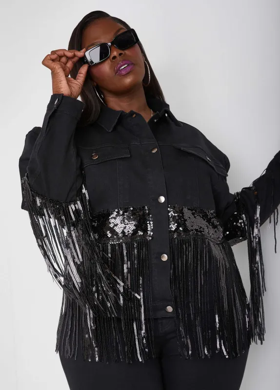 Fringed Sequined Denim Jacket sold by Ashley Stewart