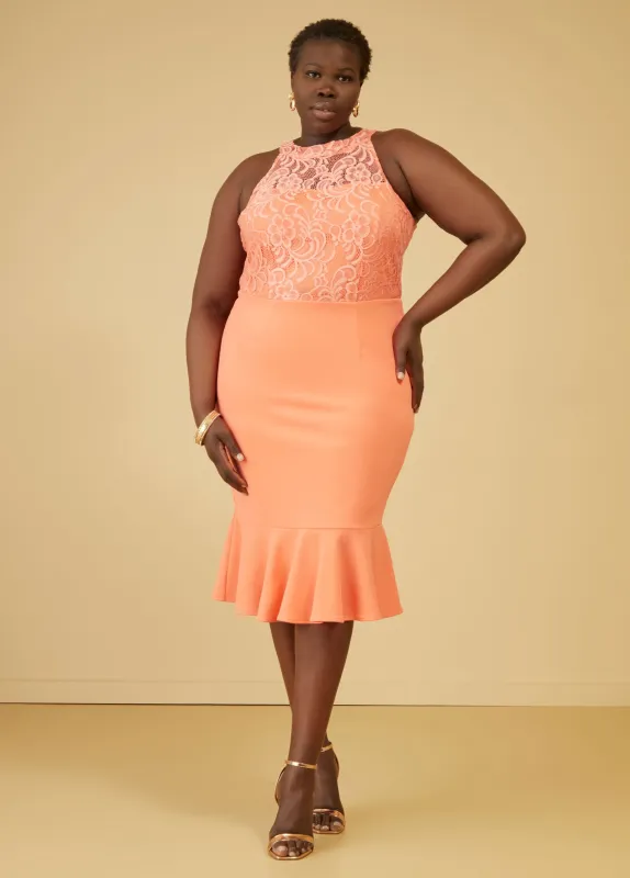 Lace Paneled Flounced Sheath Dress sold by Ashley Stewart