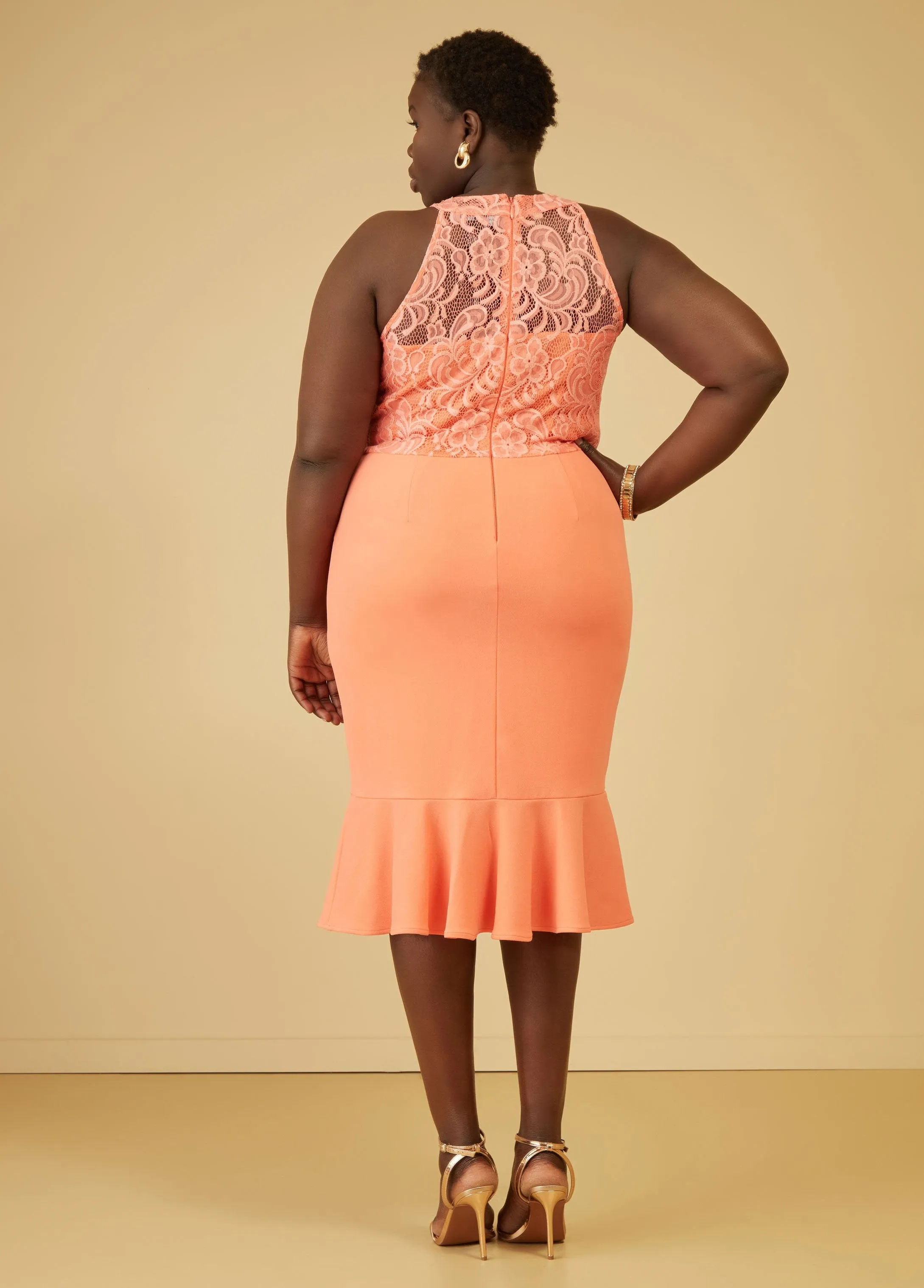 Lace Paneled Flounced Sheath Dress sold by Ashley Stewart product image thumbnail 2