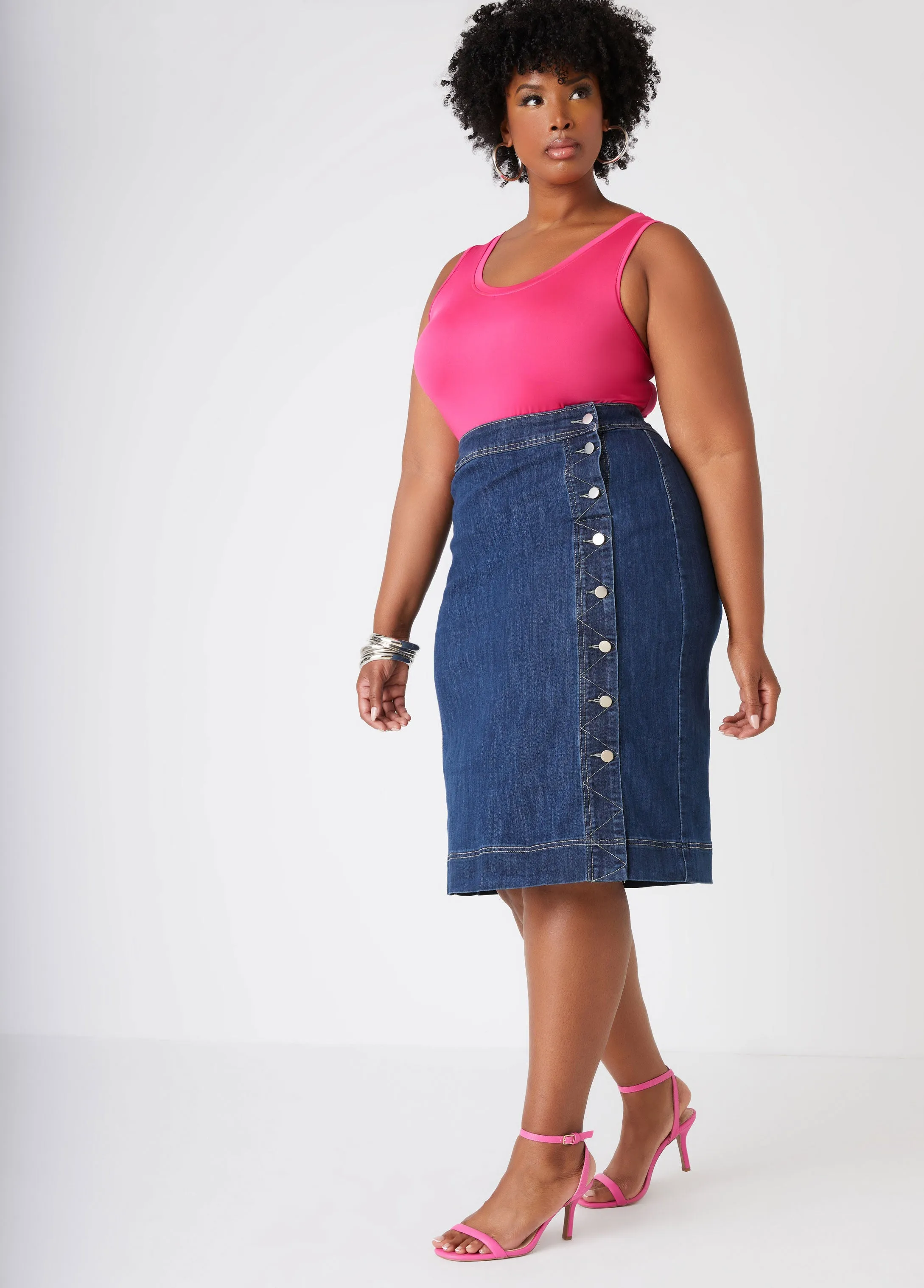 Buttoned Denim Pencil Skirt sold by Ashley Stewart product image thumbnail 3