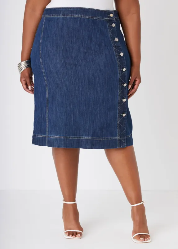 Buttoned Denim Pencil Skirt sold by Ashley Stewart