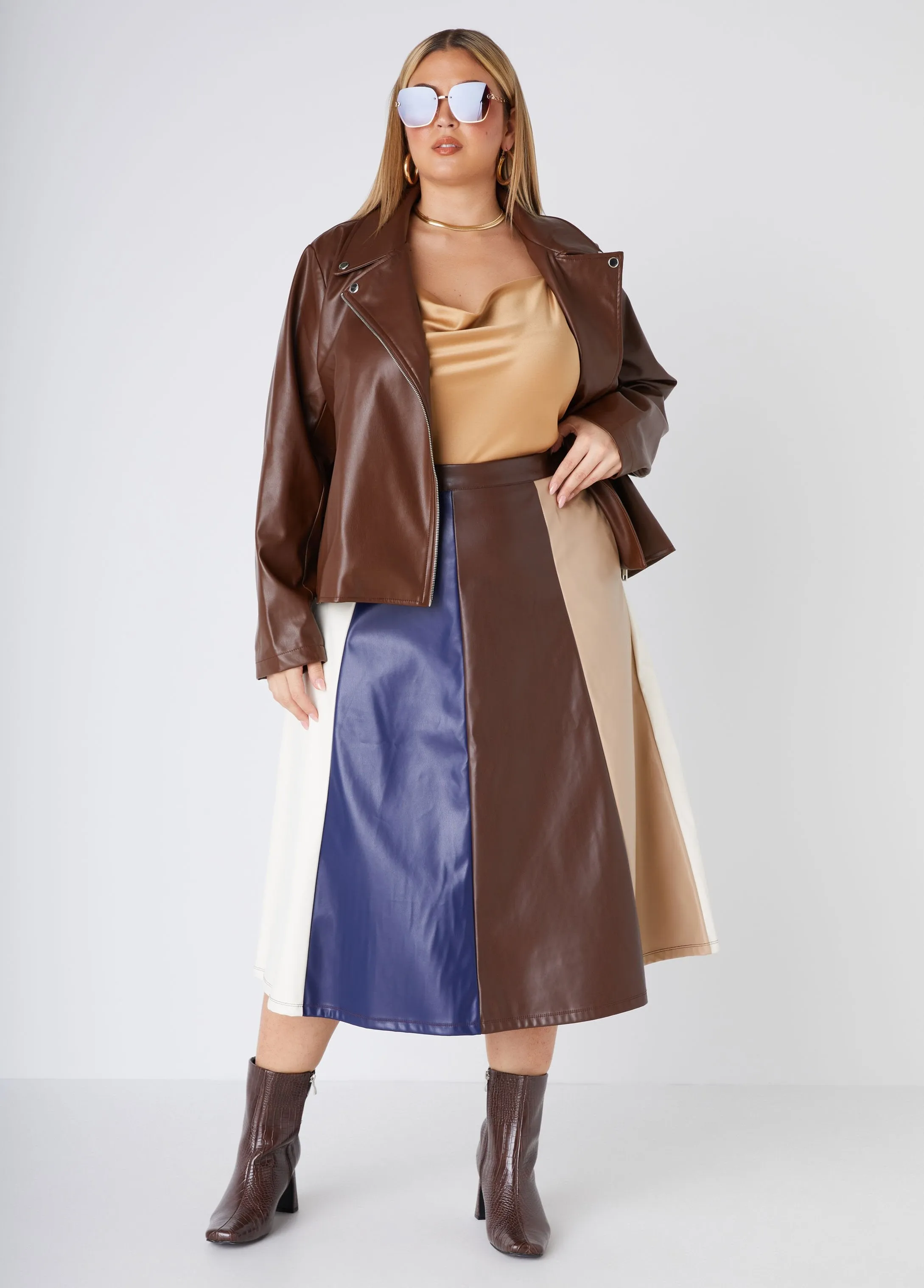 Colorblock Faux Leather Midi Skirt sold by Ashley Stewart product image thumbnail 3