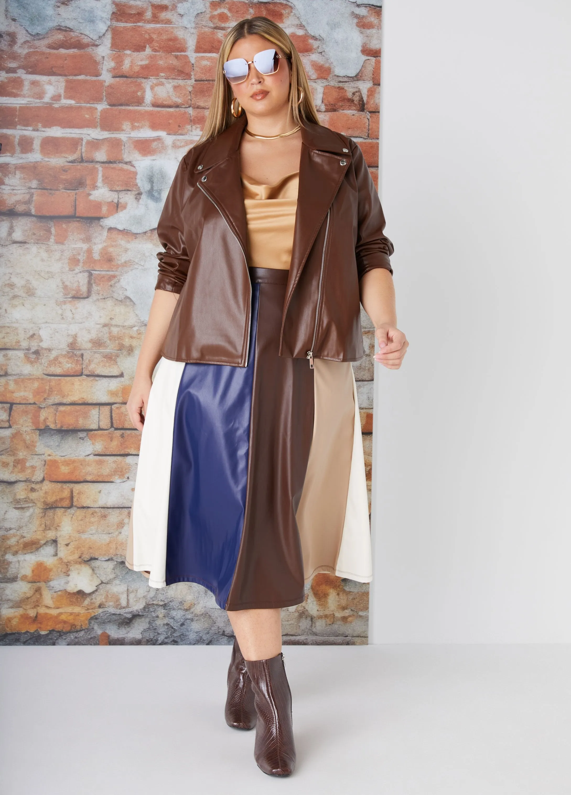 Colorblock Faux Leather Midi Skirt sold by Ashley Stewart product image thumbnail 4
