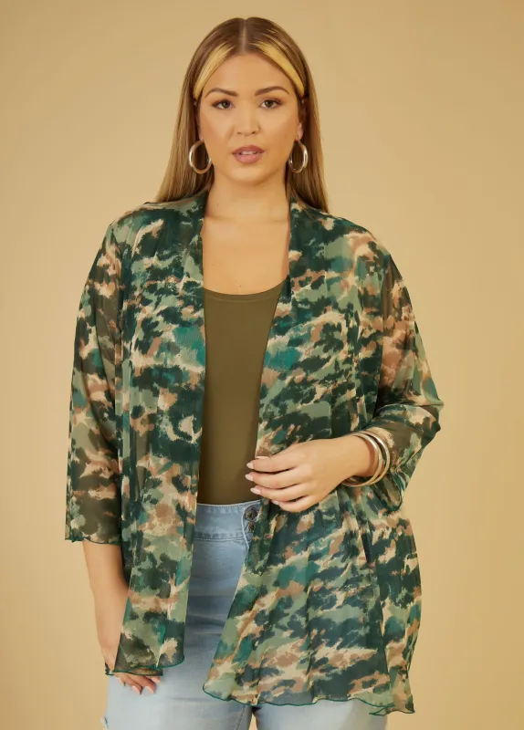 Camo Open Front Mesh Duster sold by Ashley Stewart