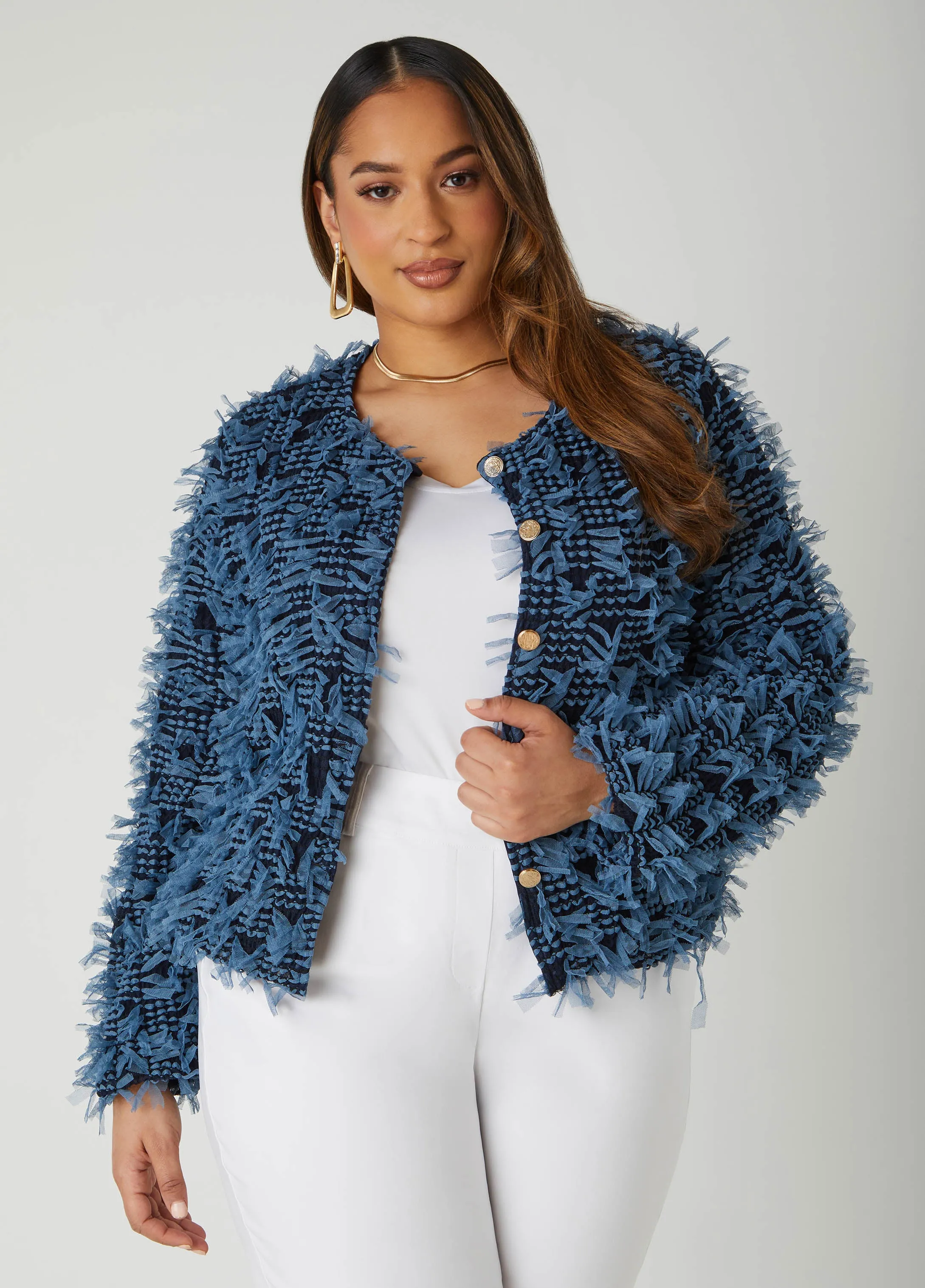 Fringed Detailed Mesh Jacket sold by Ashley Stewart