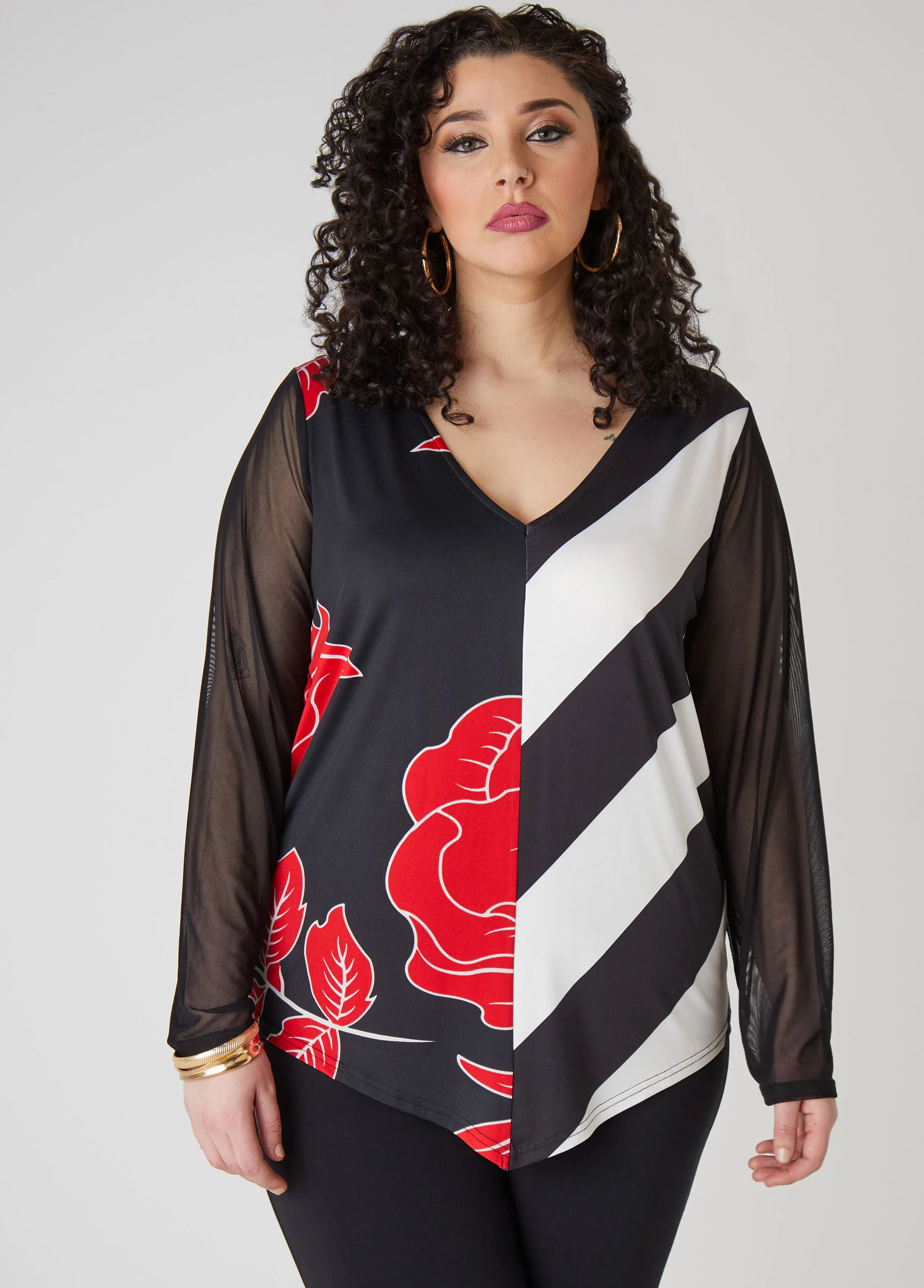 Mesh Sleeved Floral Print Top sold by Ashley Stewart
