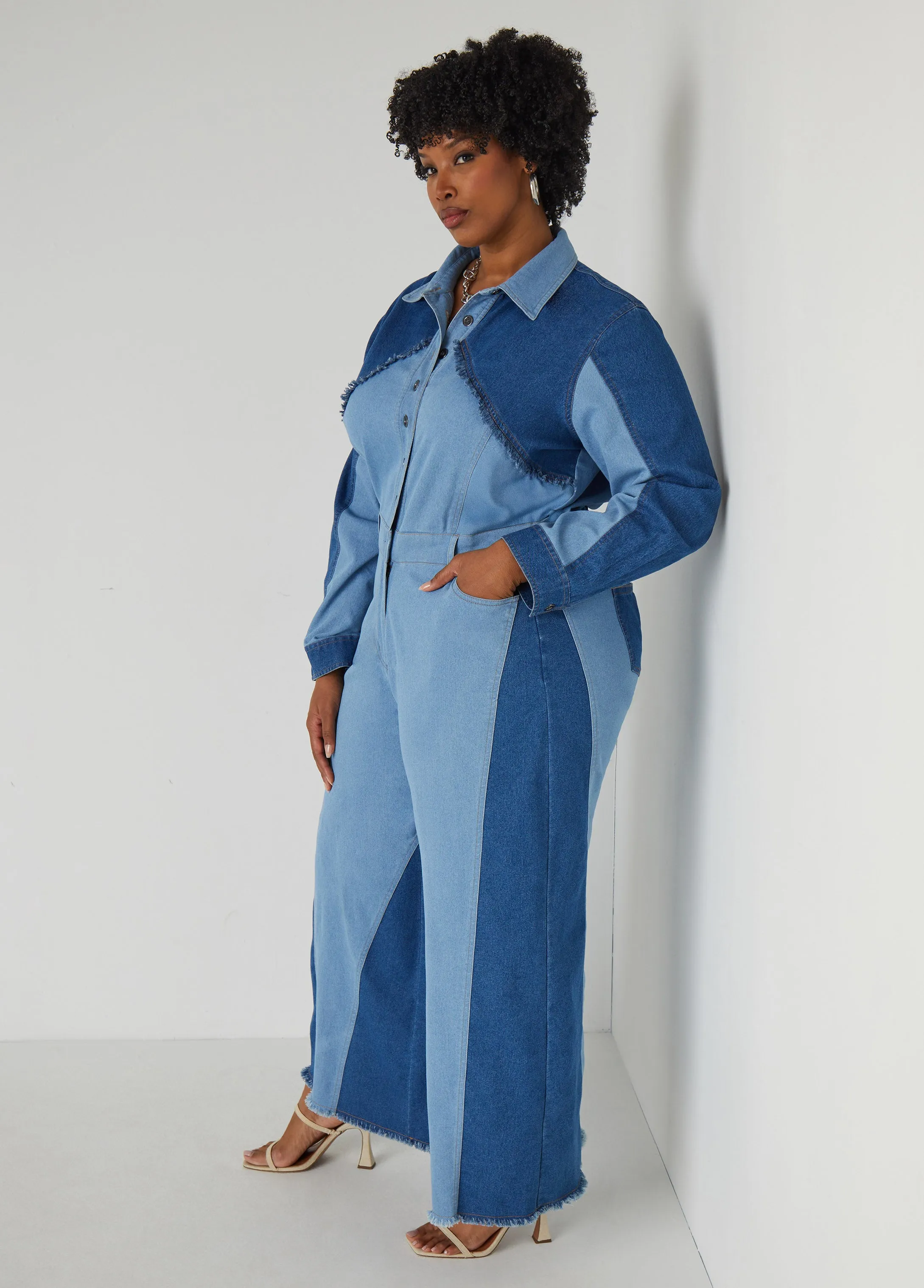 Frayed Two Tone Denim Jumpsuit sold by Ashley Stewart product image thumbnail 4