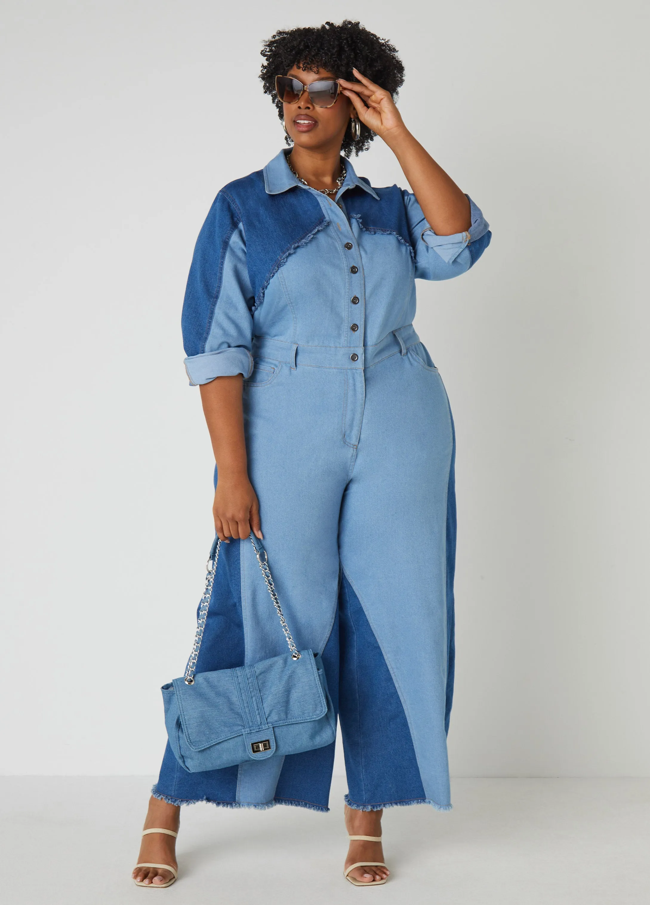 Frayed Two Tone Denim Jumpsuit sold by Ashley Stewart product image thumbnail 3