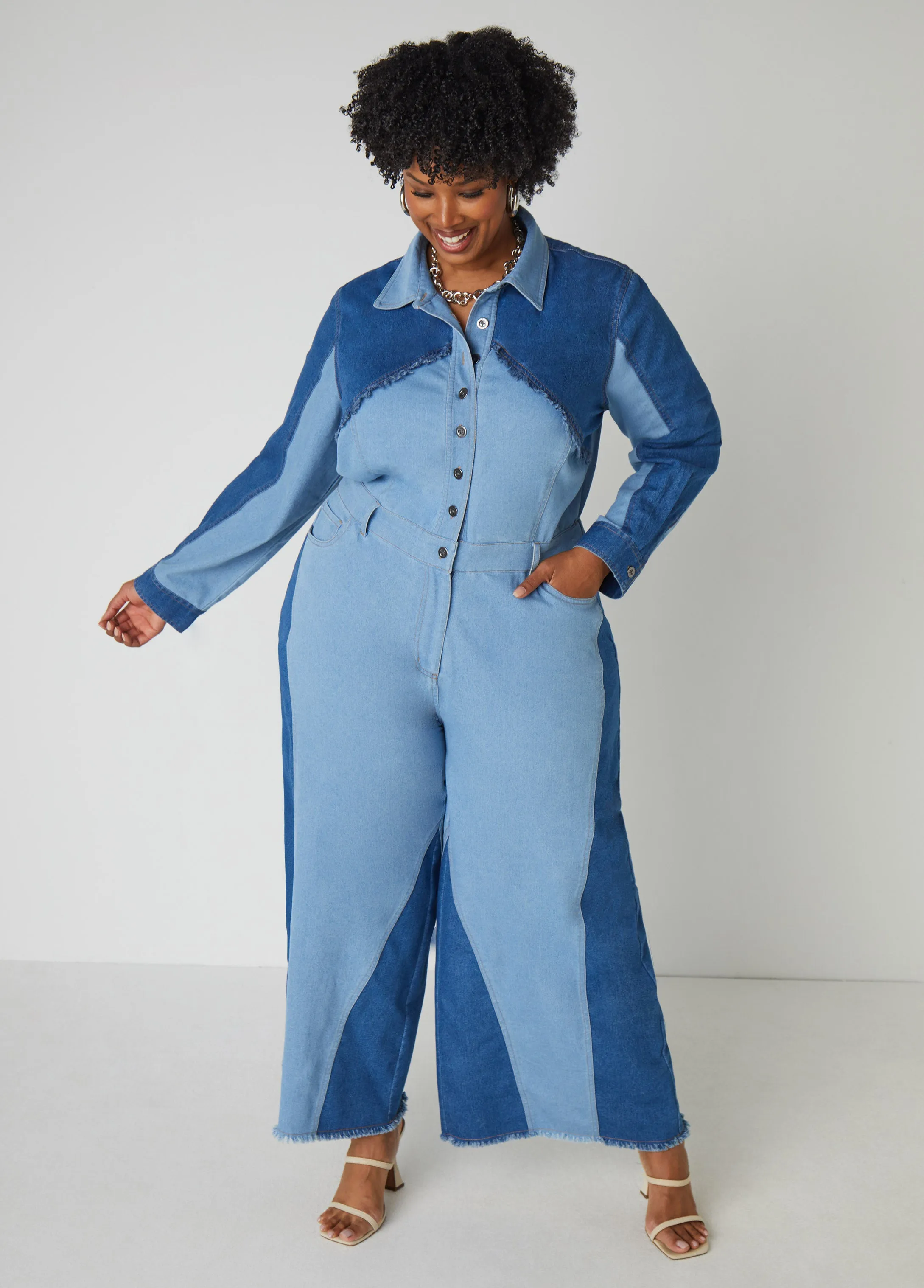 Frayed Two Tone Denim Jumpsuit sold by Ashley Stewart