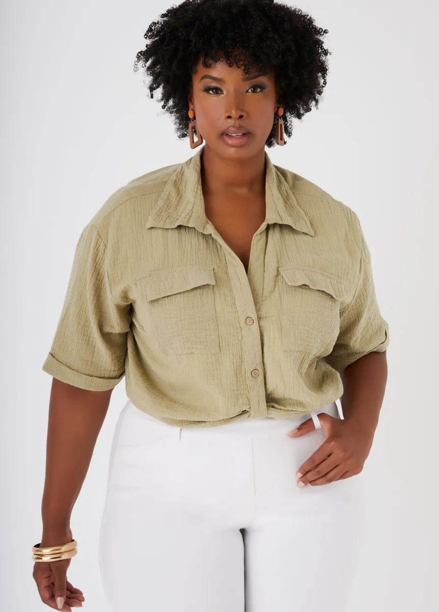 Cropped Cotton Gauze Shirt sold by Ashley Stewart