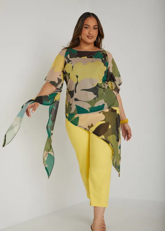 Draped Sleeve Camo Print Mesh Top sold by Ashley Stewart