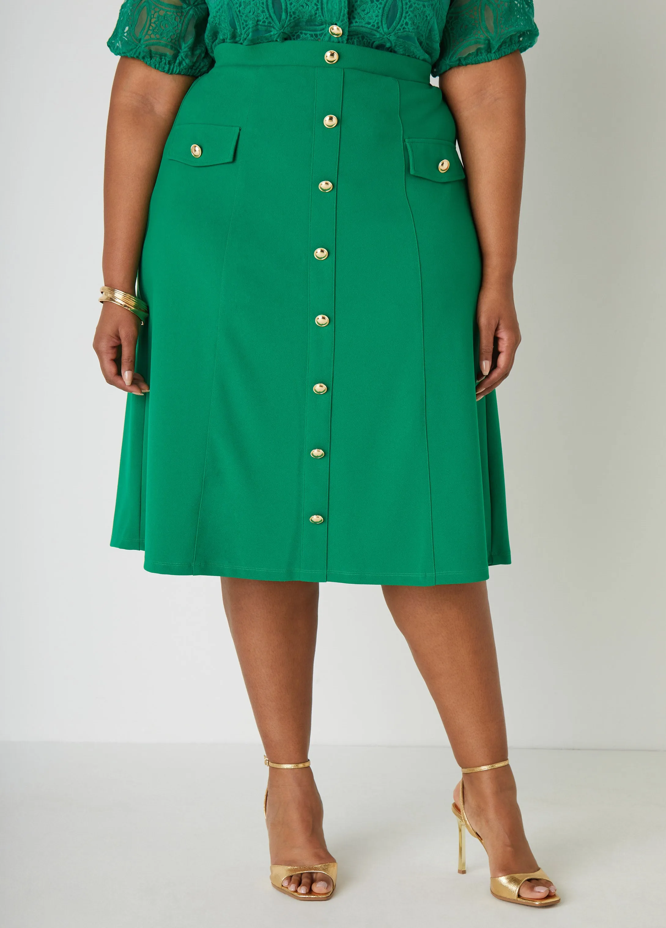Button Embellished Midi Skirt sold by Ashley Stewart