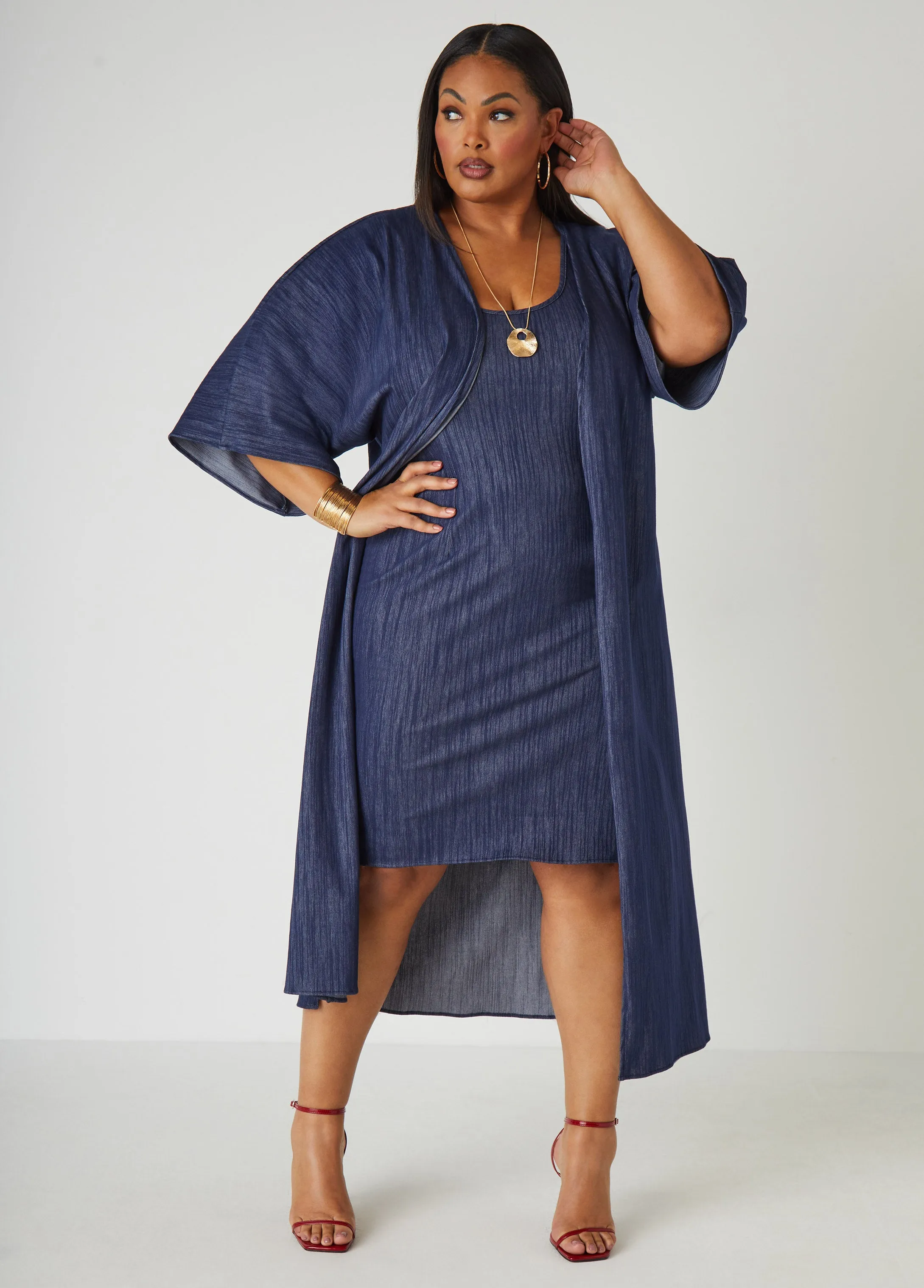 Textured Denim Open Front Duster sold by Ashley Stewart