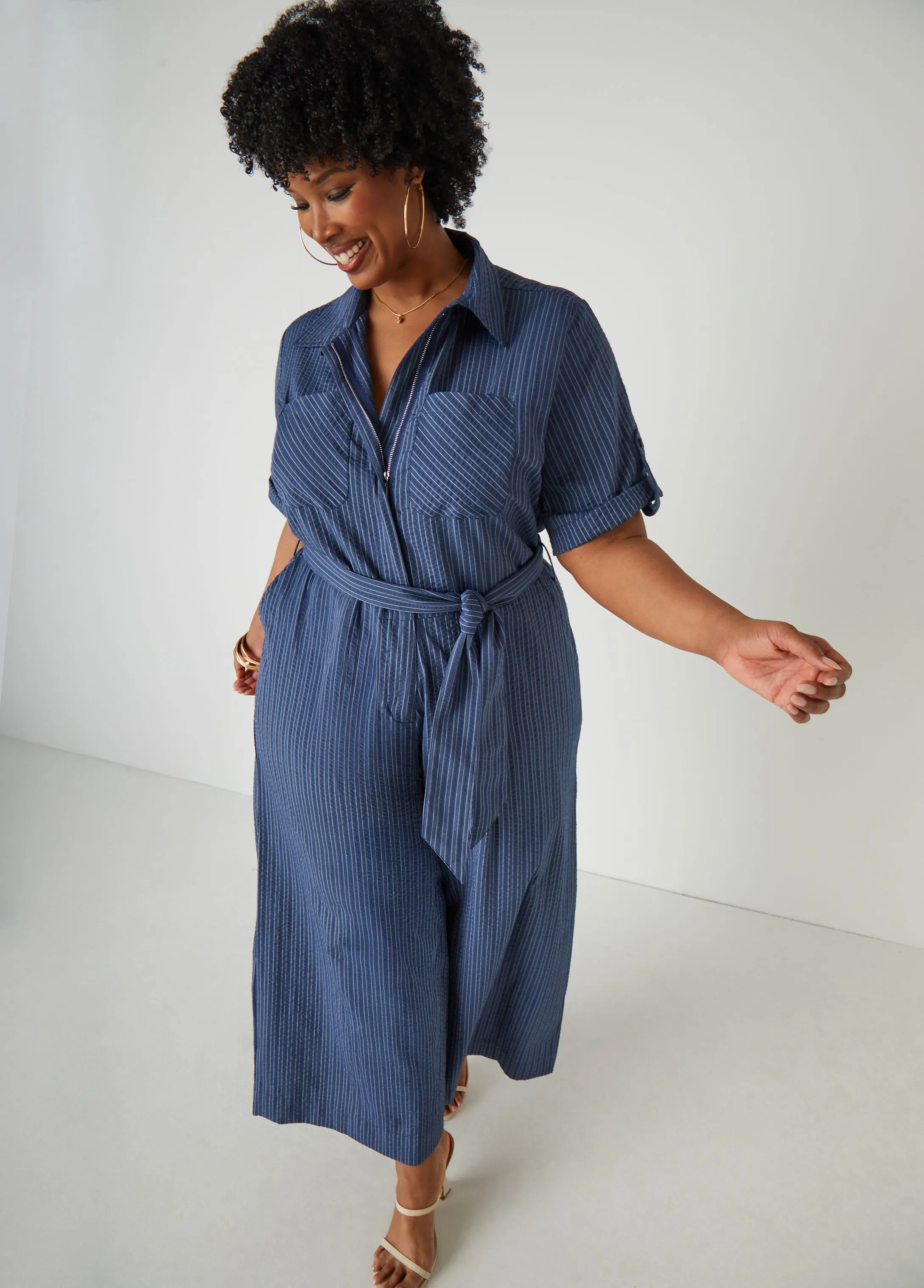 Striped Chambray Wide Leg Jumpsuit sold by Ashley Stewart product image thumbnail 3