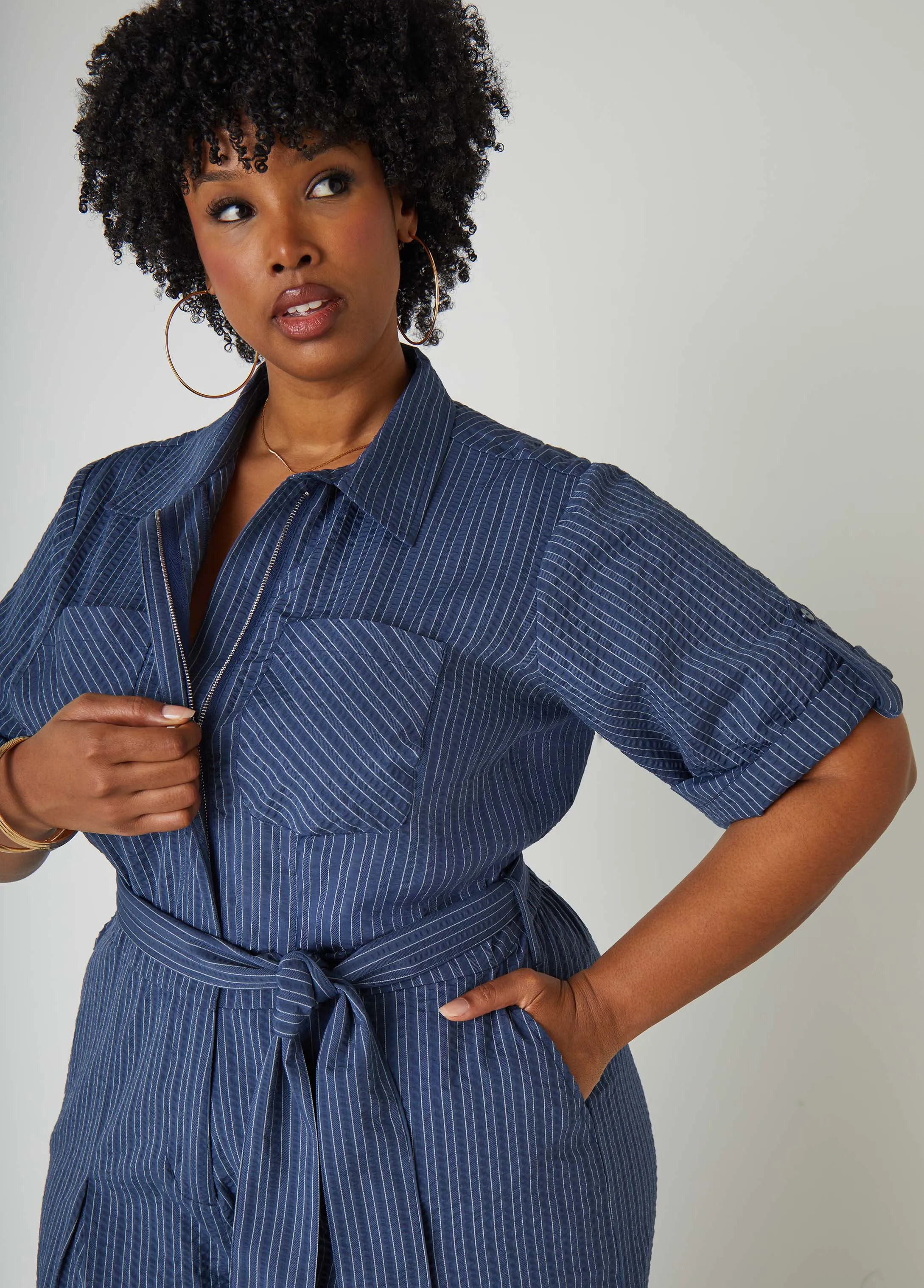 Striped Chambray Wide Leg Jumpsuit sold by Ashley Stewart product image thumbnail 4
