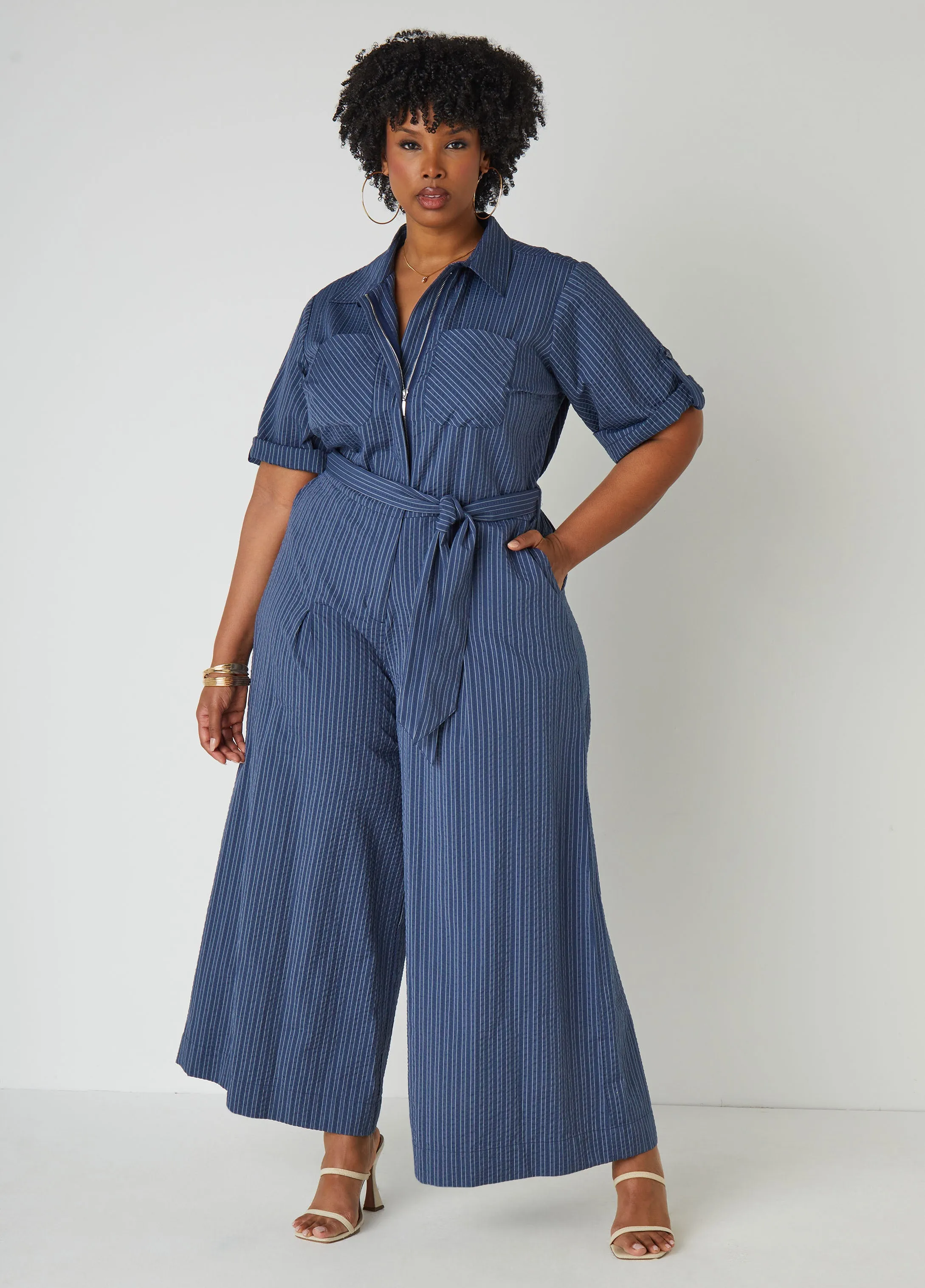 Striped Chambray Wide Leg Jumpsuit sold by Ashley Stewart product image thumbnail 5