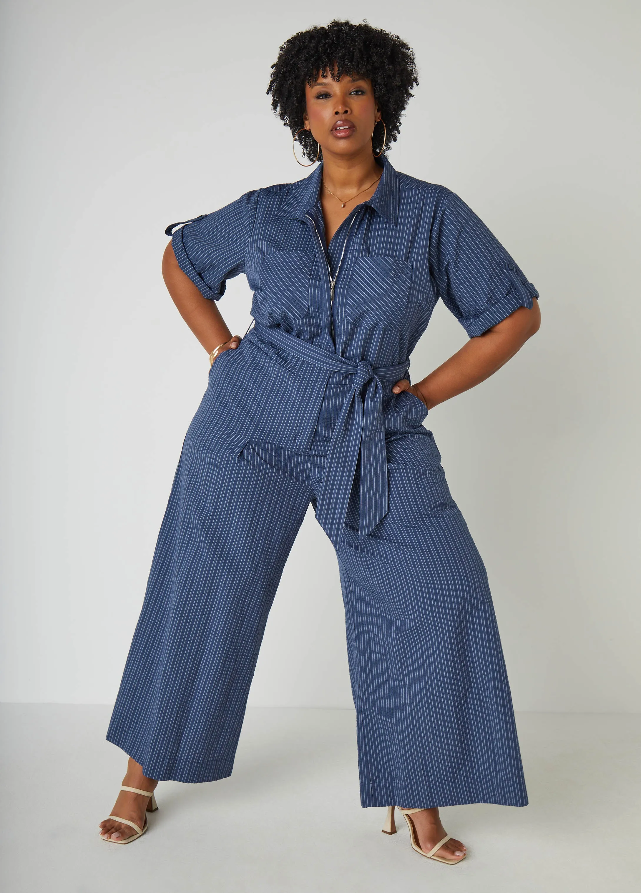 Striped Chambray Wide Leg Jumpsuit sold by Ashley Stewart