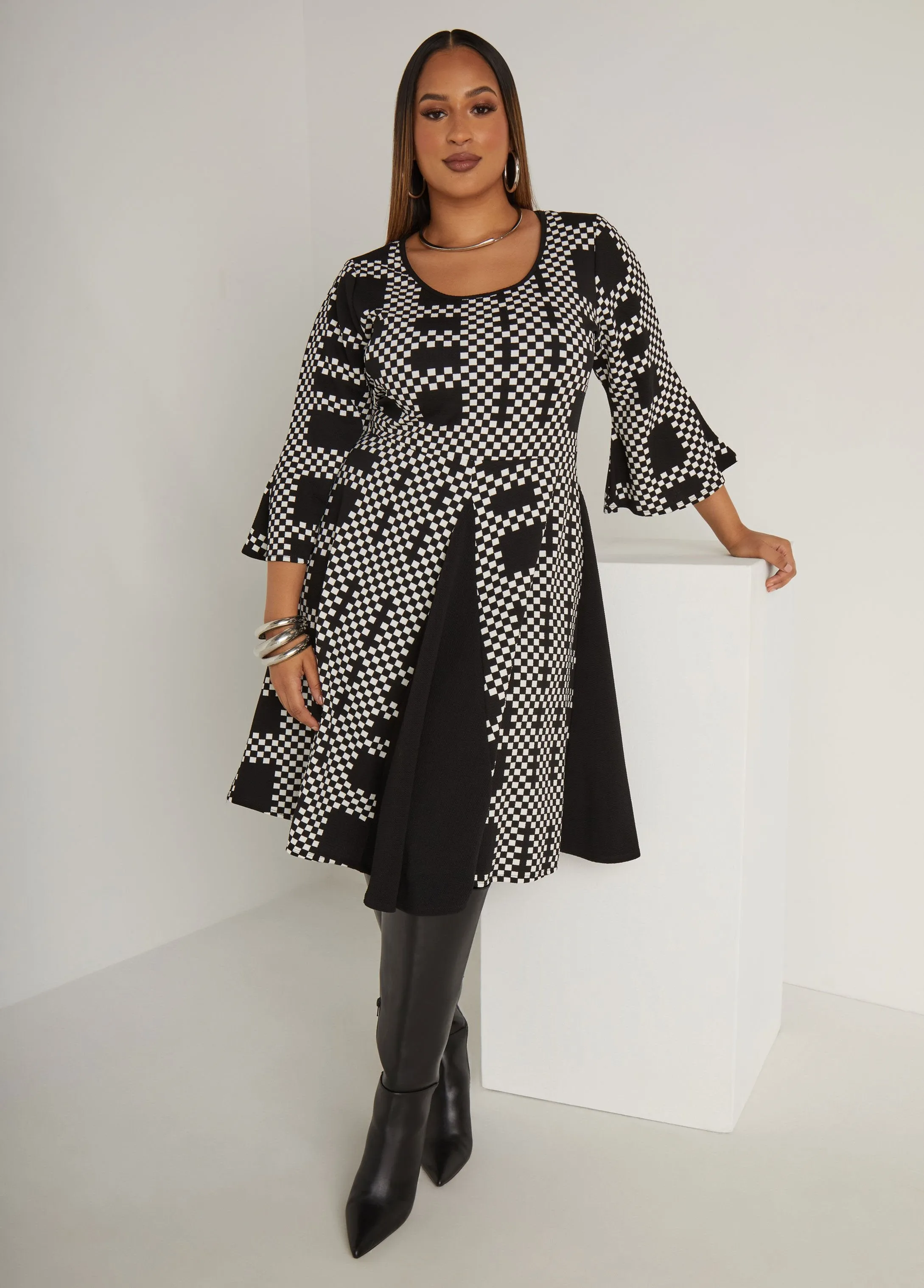 Checked Textured A Line Dress sold by Ashley Stewart