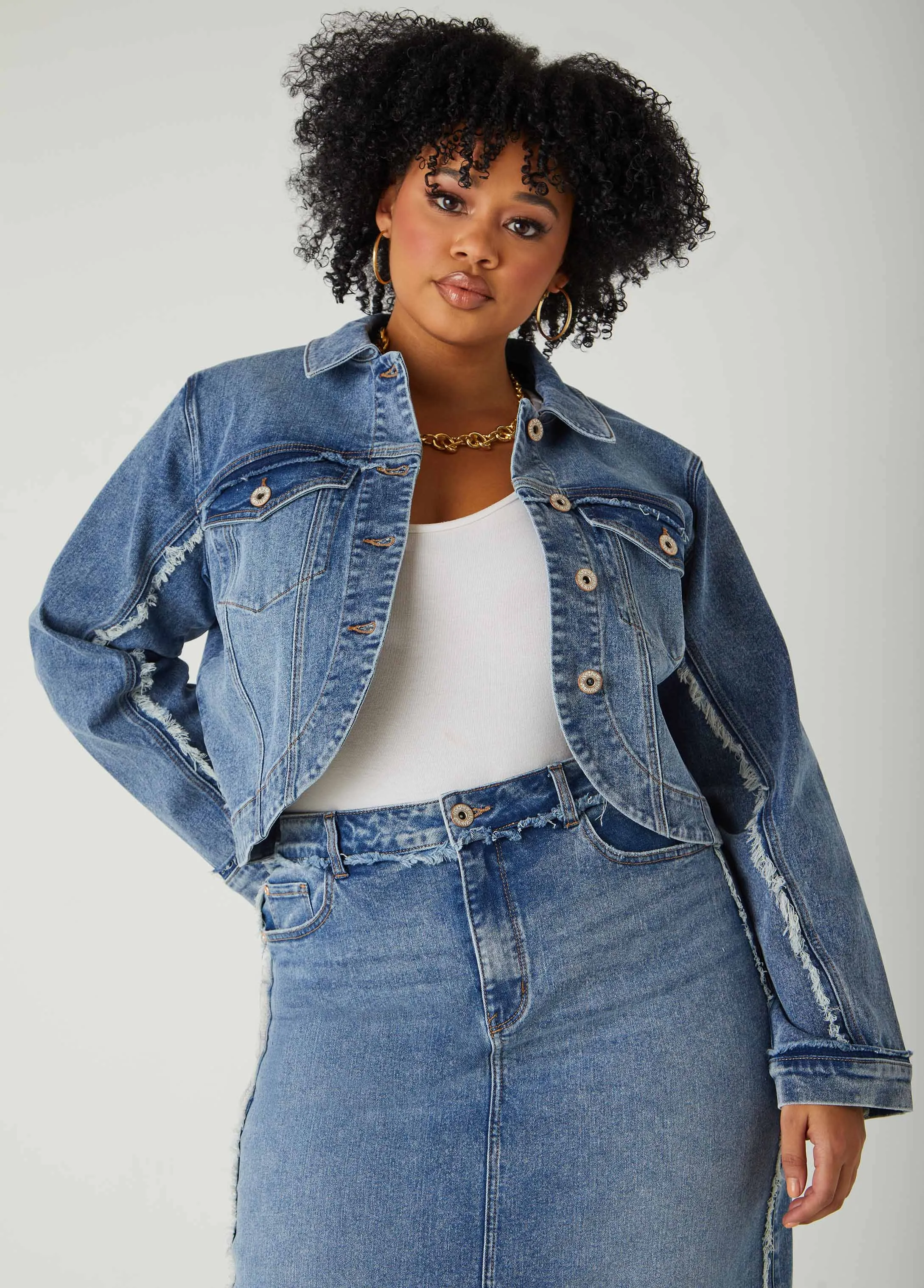 Frayed Cropped Denim Jacket sold by Ashley Stewart