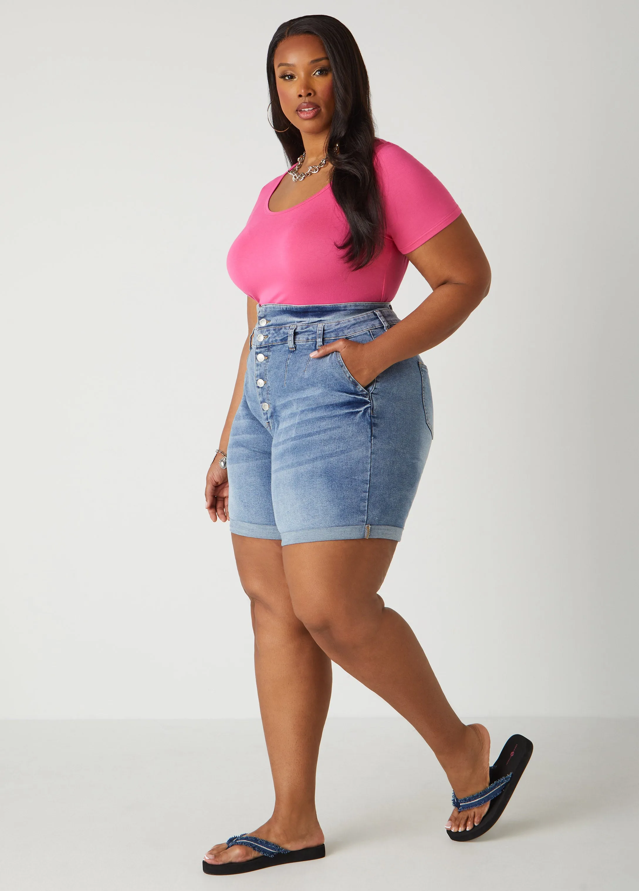 Cuffed High Waist Denim Shorts sold by Ashley Stewart product image thumbnail 3