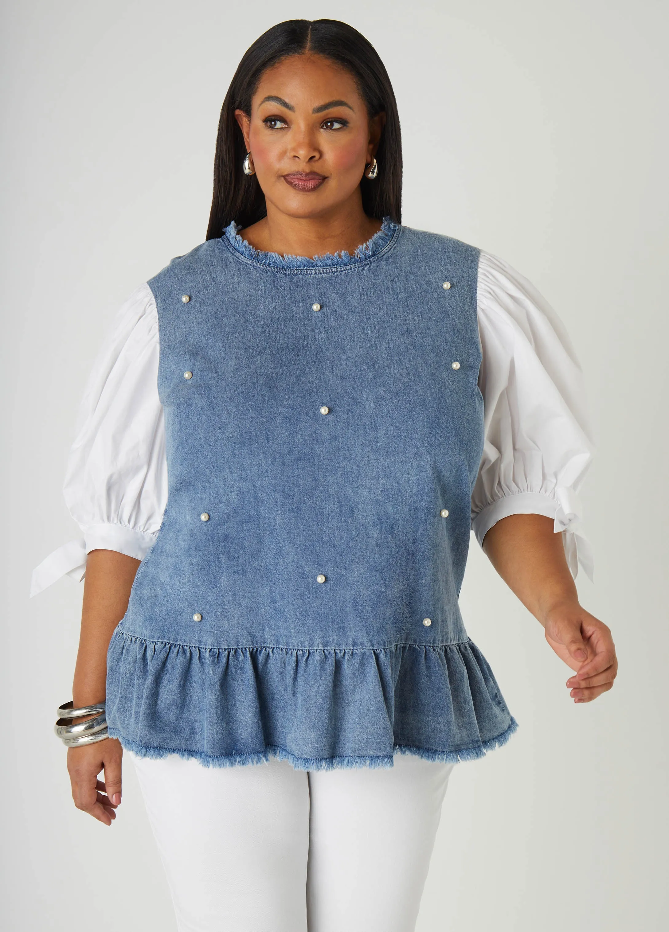 Faux Pearl Poplin And Denim Top sold by Ashley Stewart