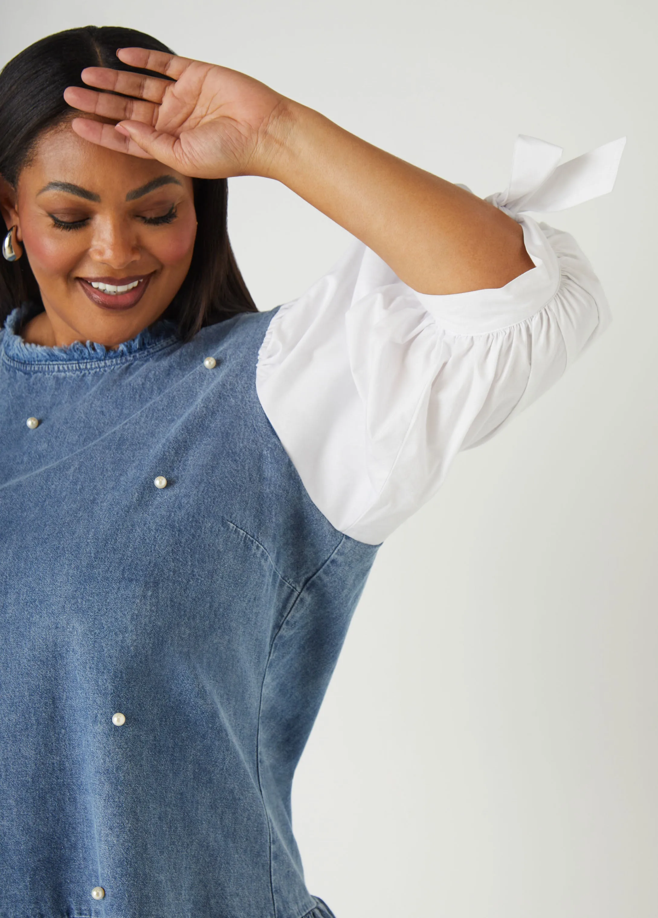 Faux Pearl Poplin And Denim Top sold by Ashley Stewart product image thumbnail 5